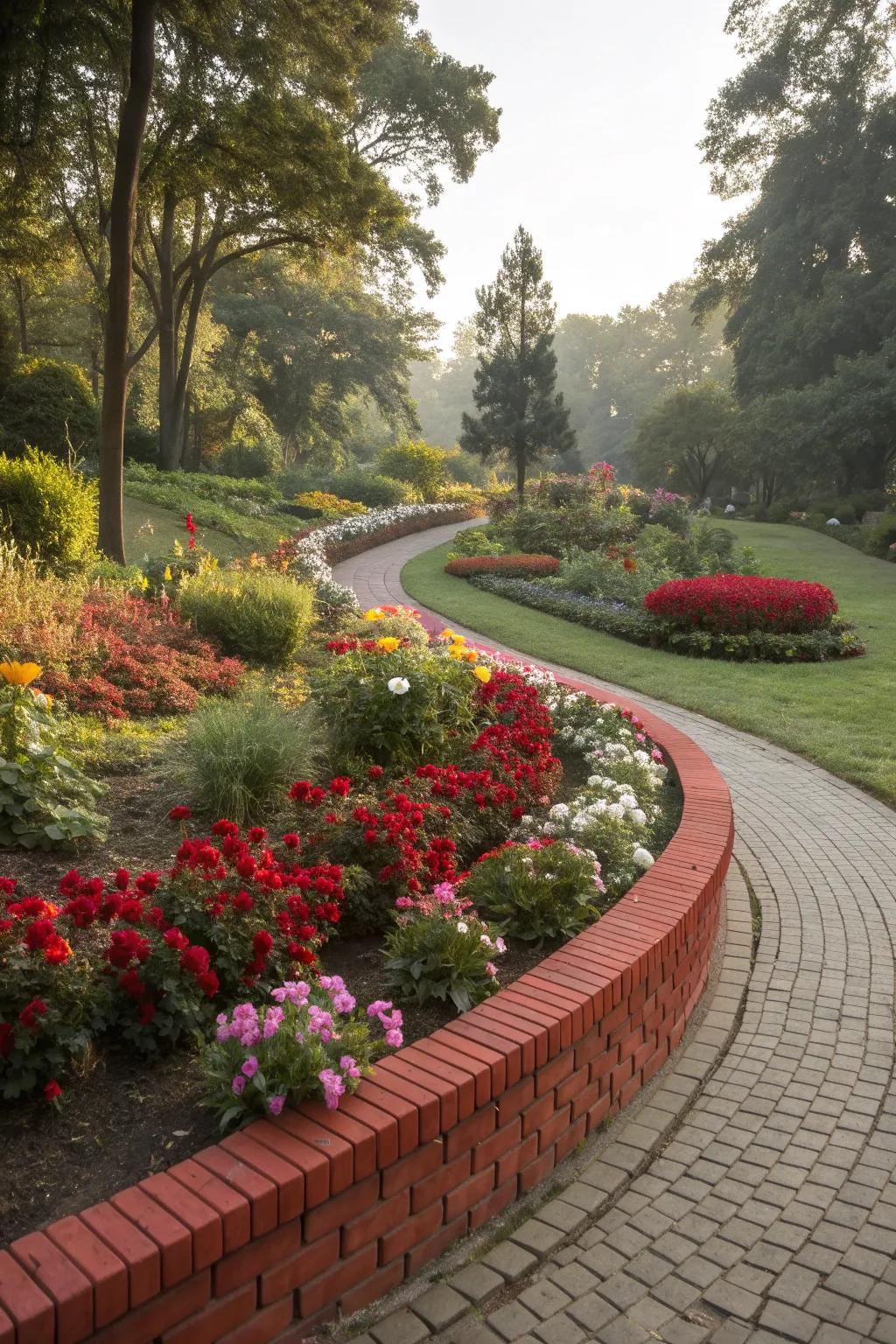 Curved red brick edging adds elegance to garden beds.