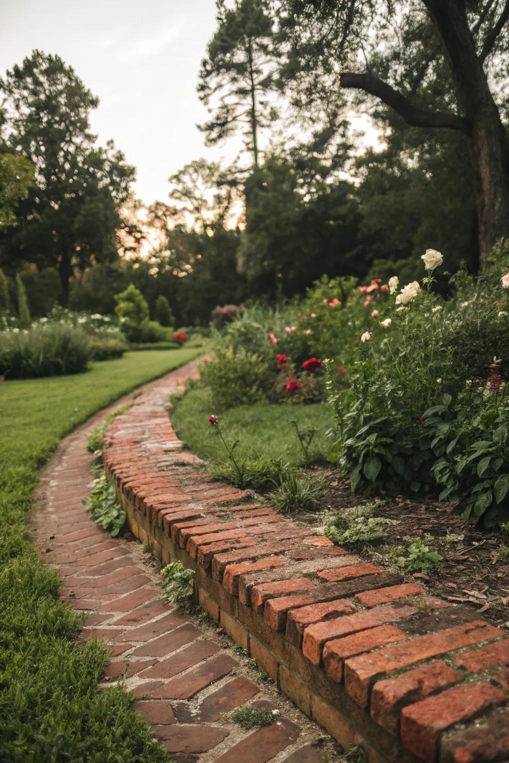 Weathered red brick edging offers rustic charm.