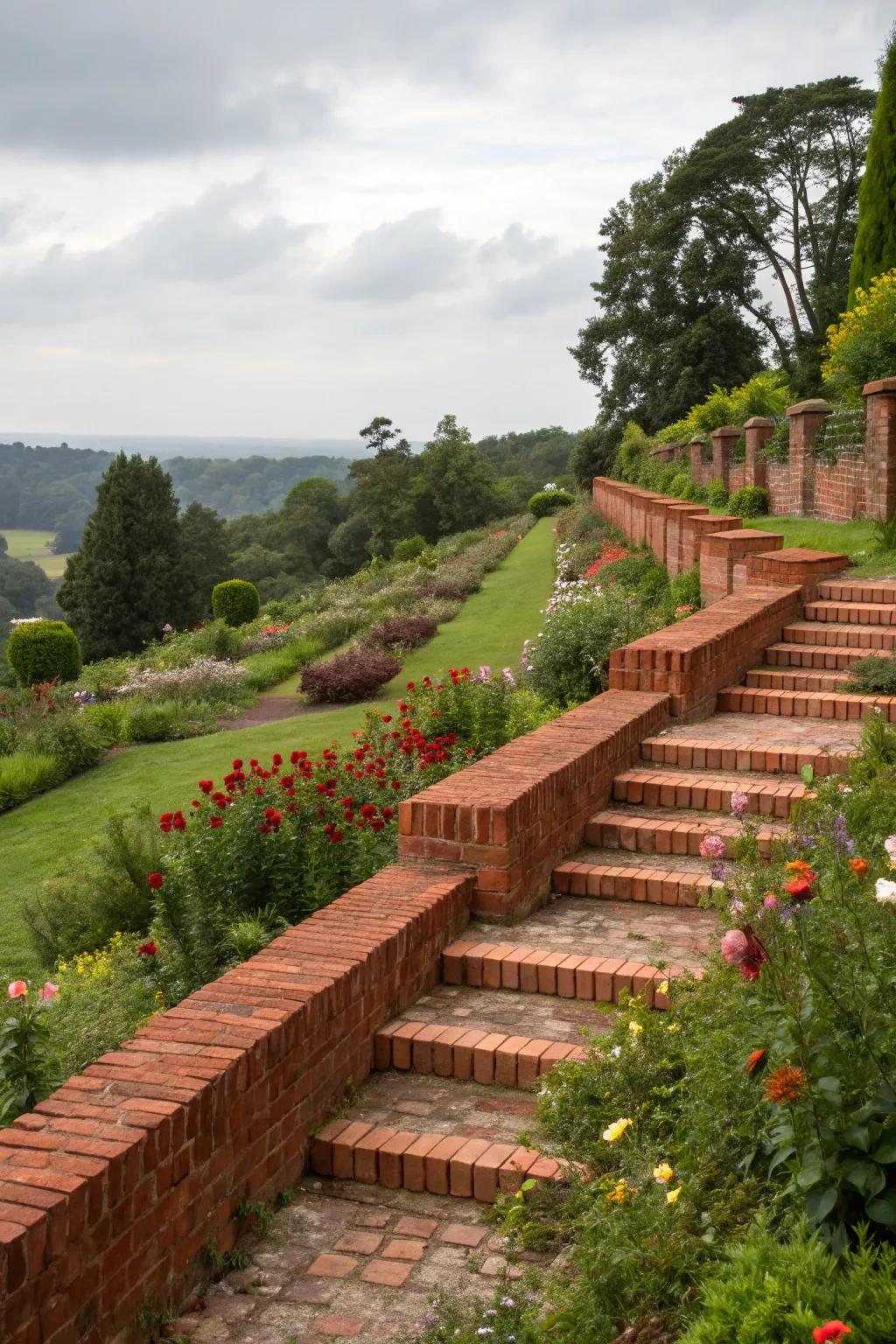 Alternating height red brick edging adds playful rhythm.