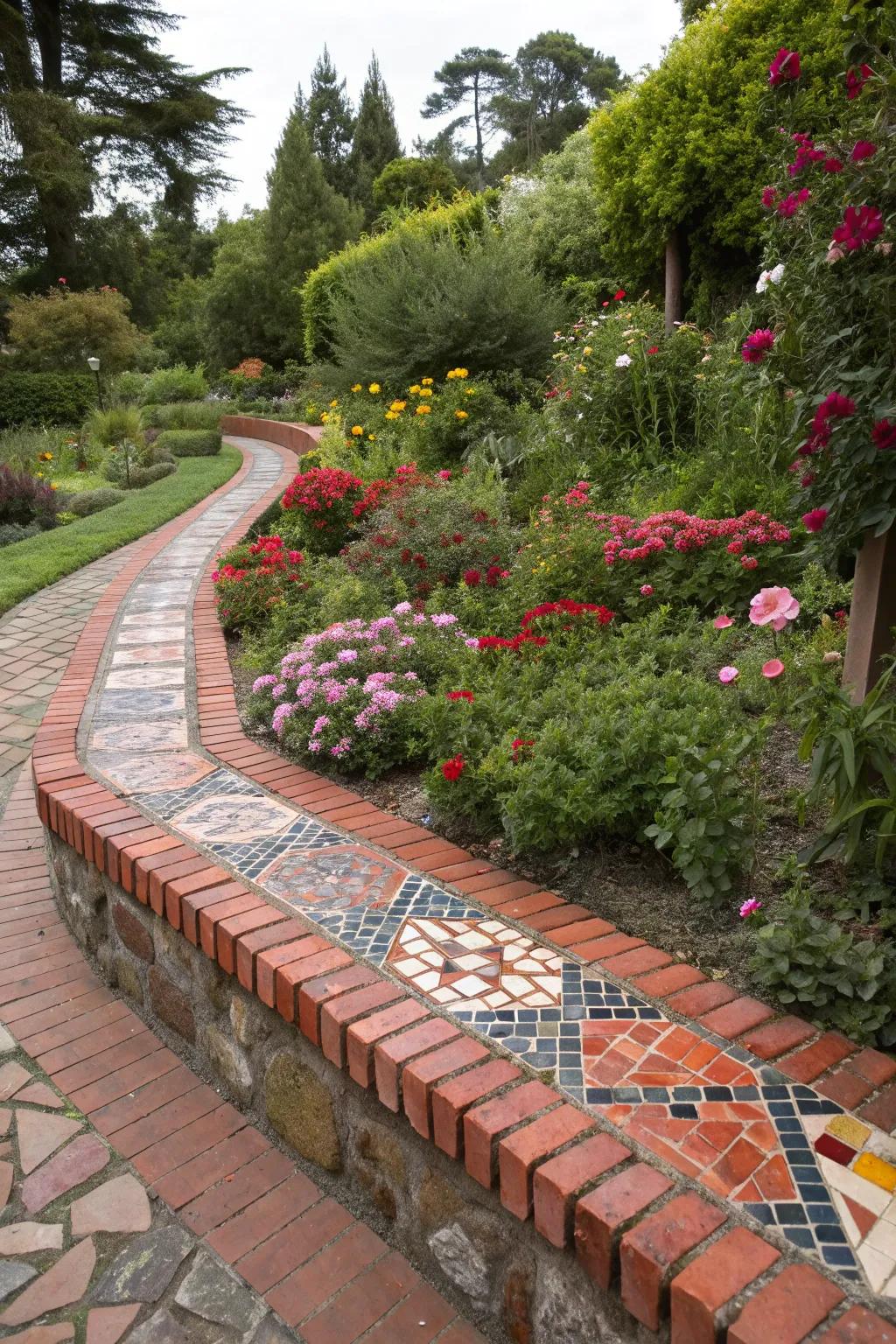Mosaic red brick edging offers an artistic touch.