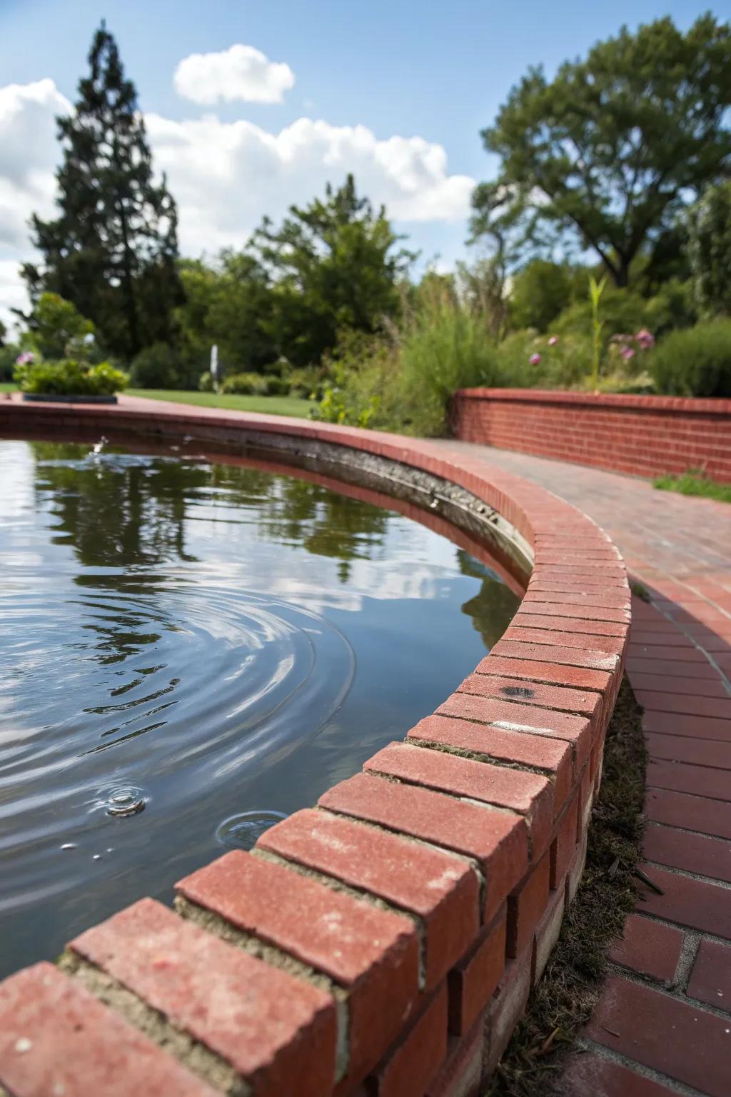 Red brick edging frames water features elegantly.