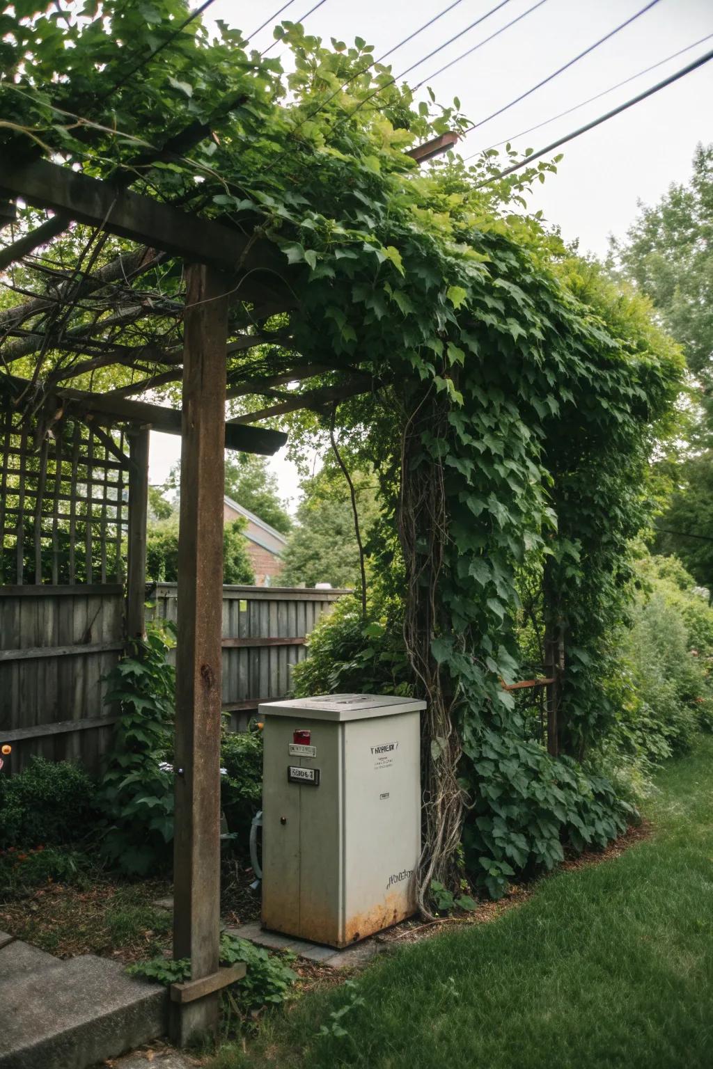 Trellises with vines create a lush cover for utility boxes.