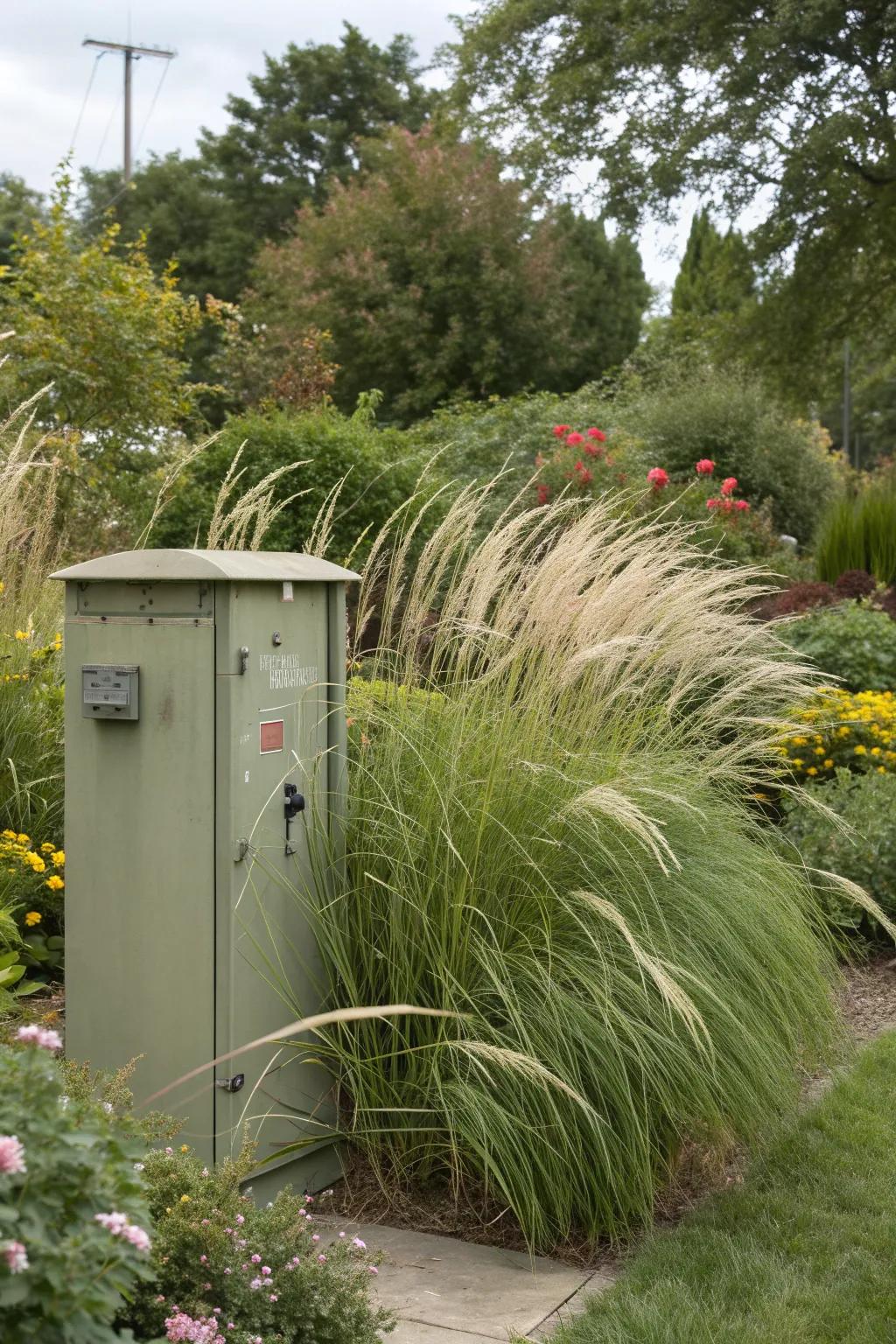 Ornamental grasses seamlessly integrate utility boxes into the landscape.