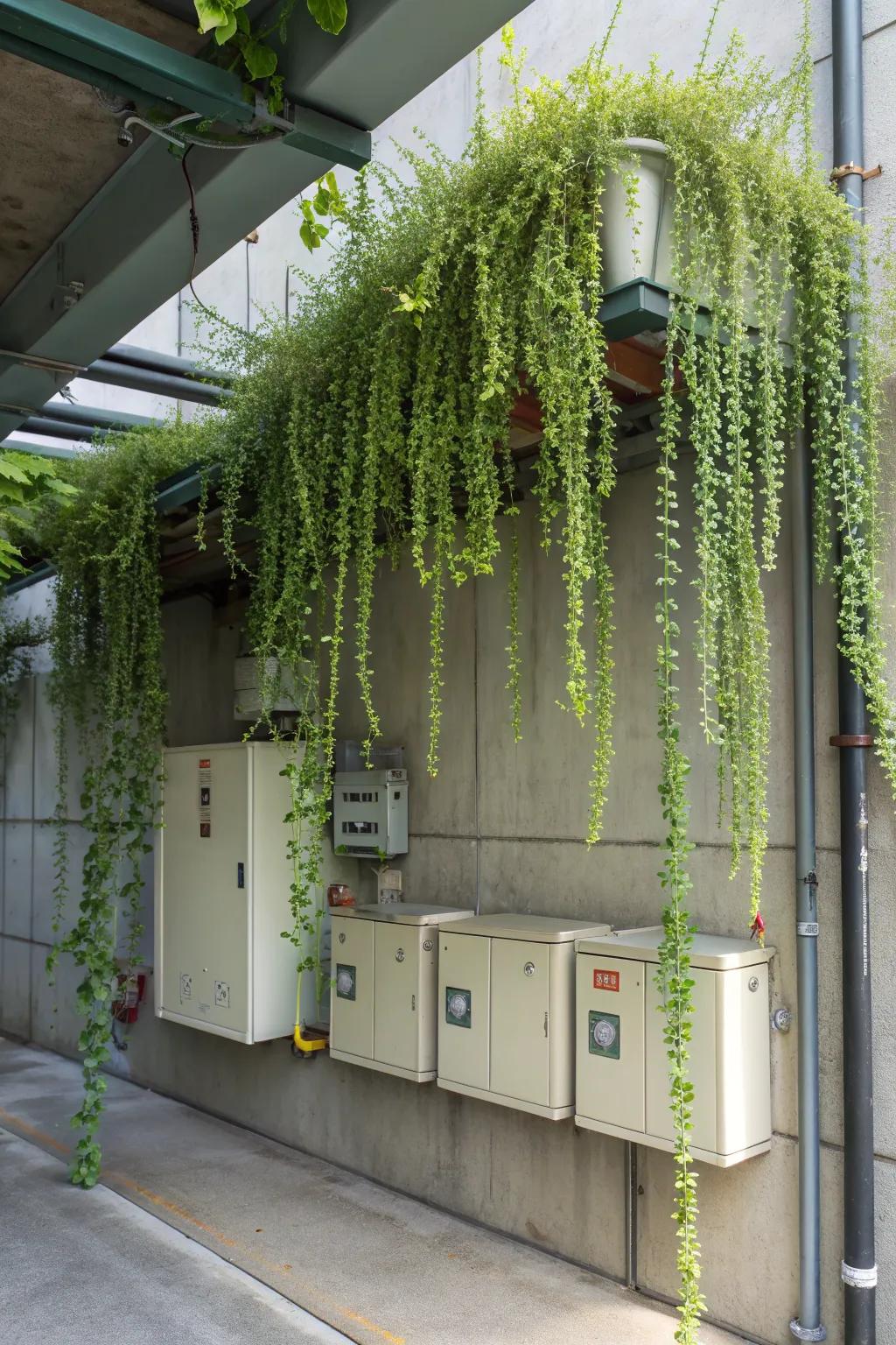 Trailing plants form a natural curtain over utility boxes.
