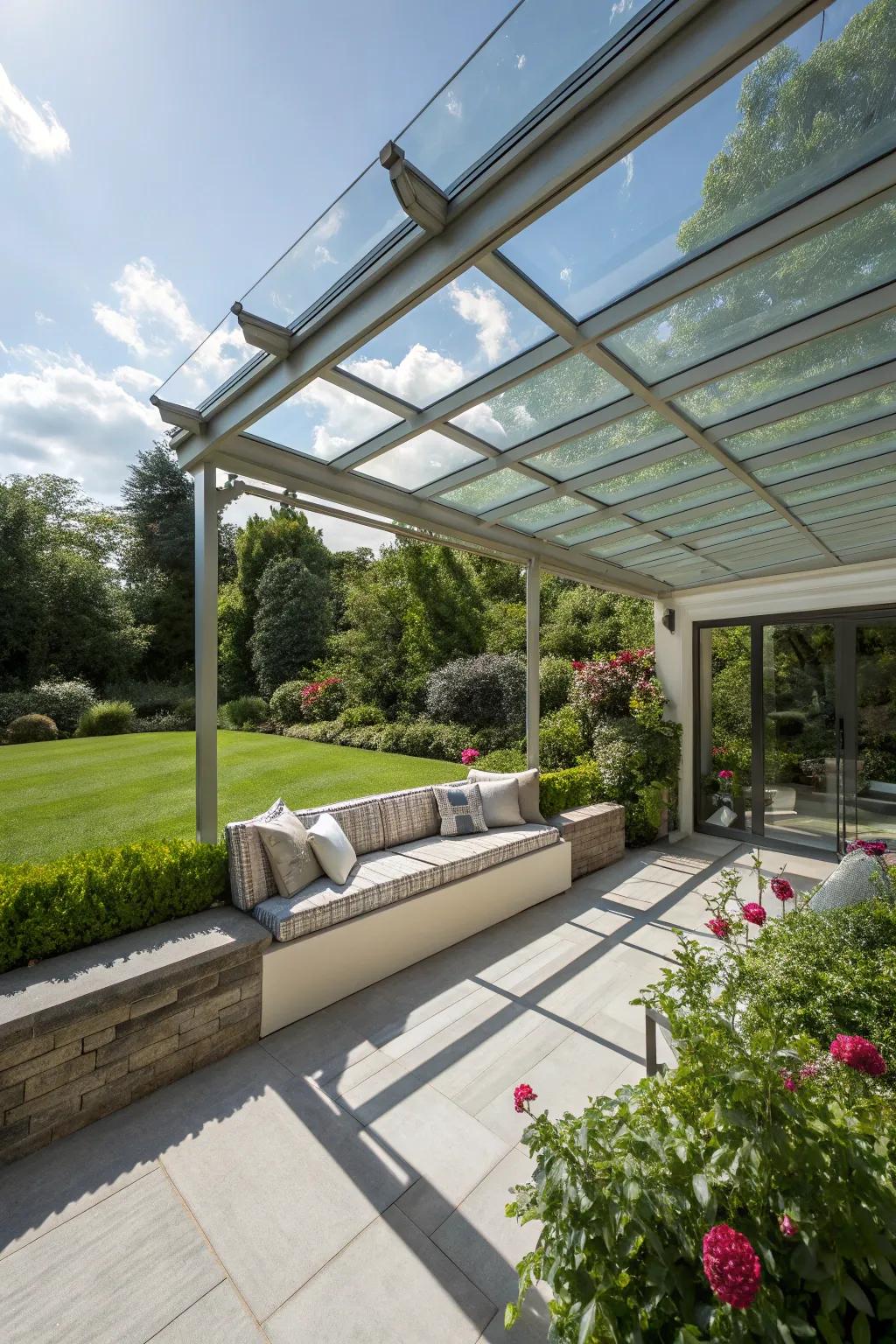 A glass patio cover featuring elegant built-in seating.