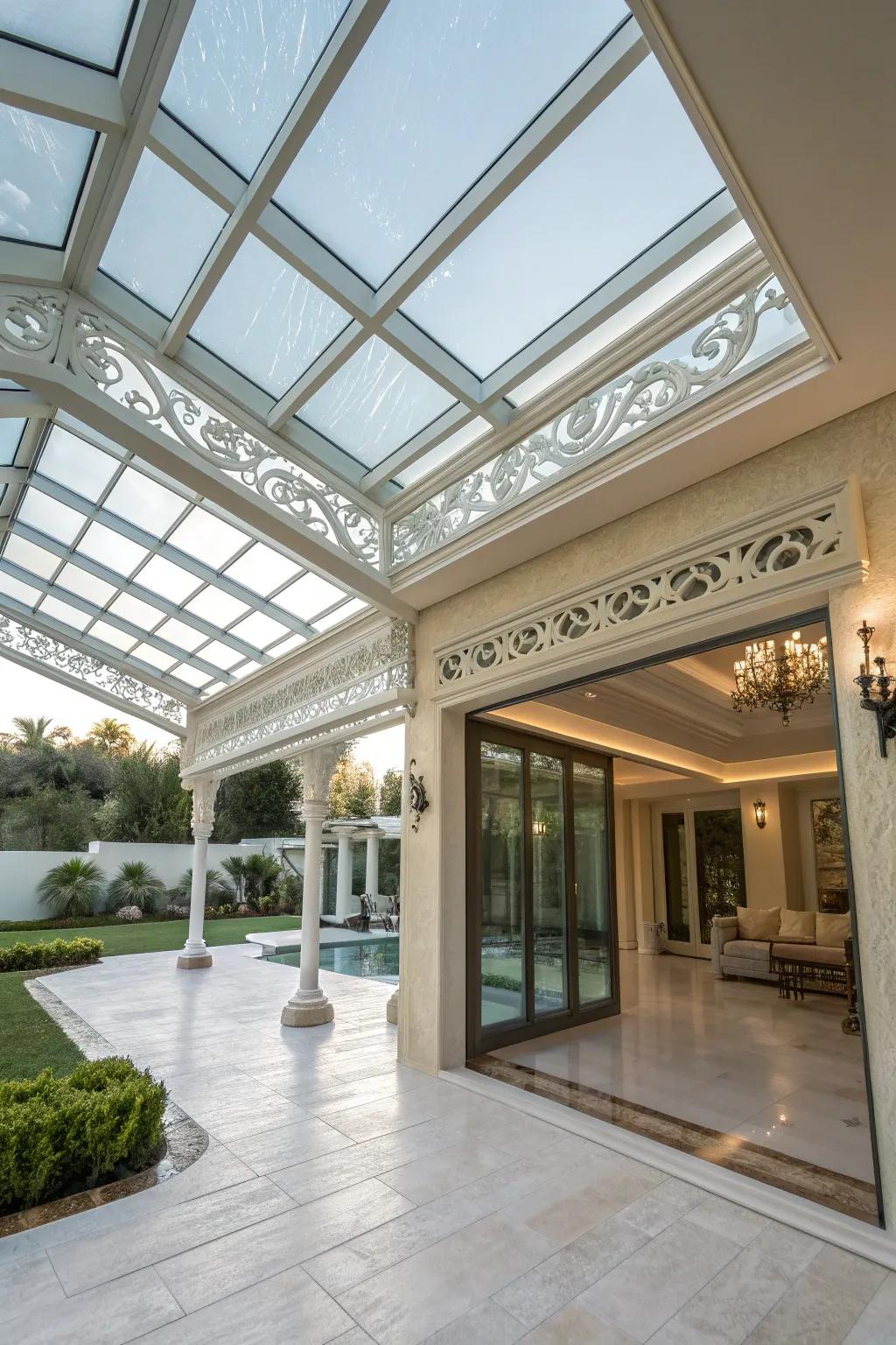 A custom glass patio cover showcasing personal style and flair.