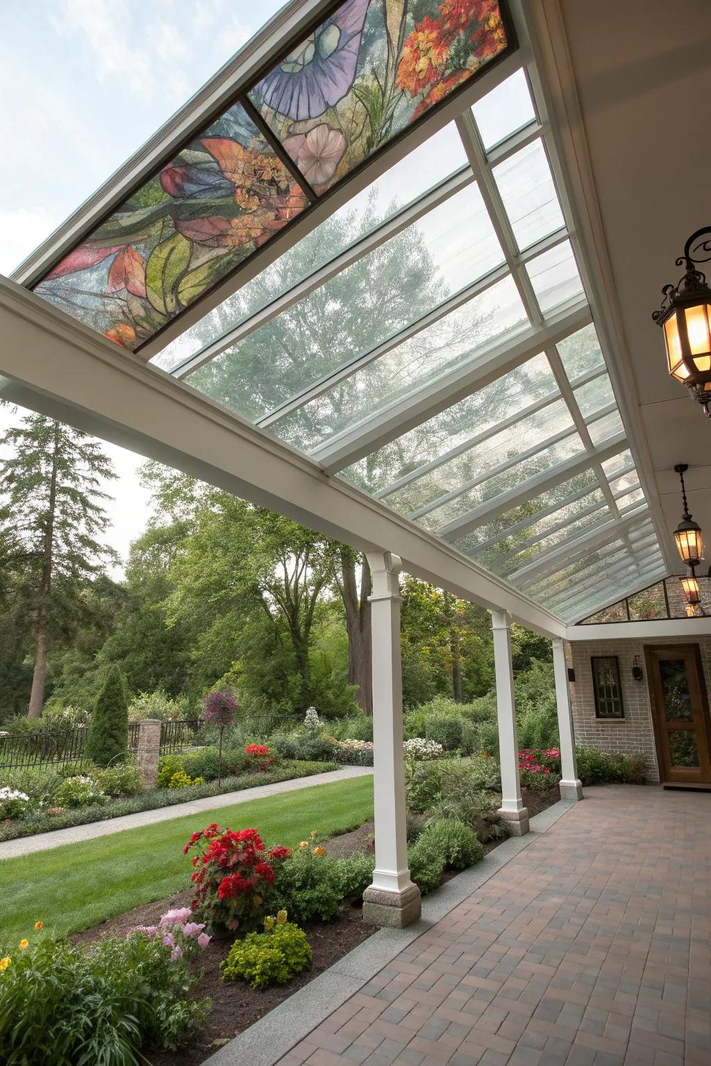 A glass patio cover showcasing personality with outdoor artwork.