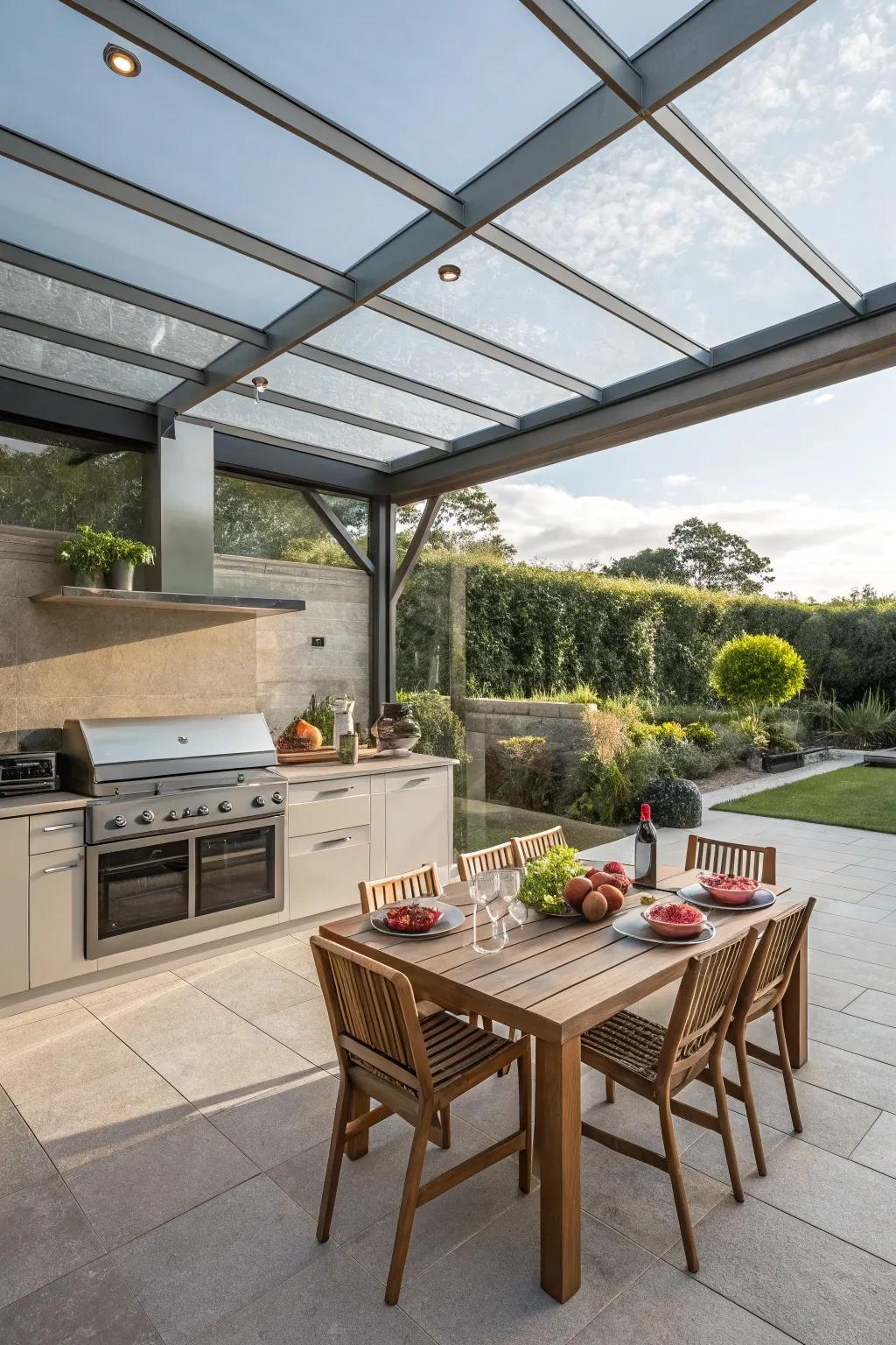 A glass patio cover with a fully-equipped outdoor kitchen.