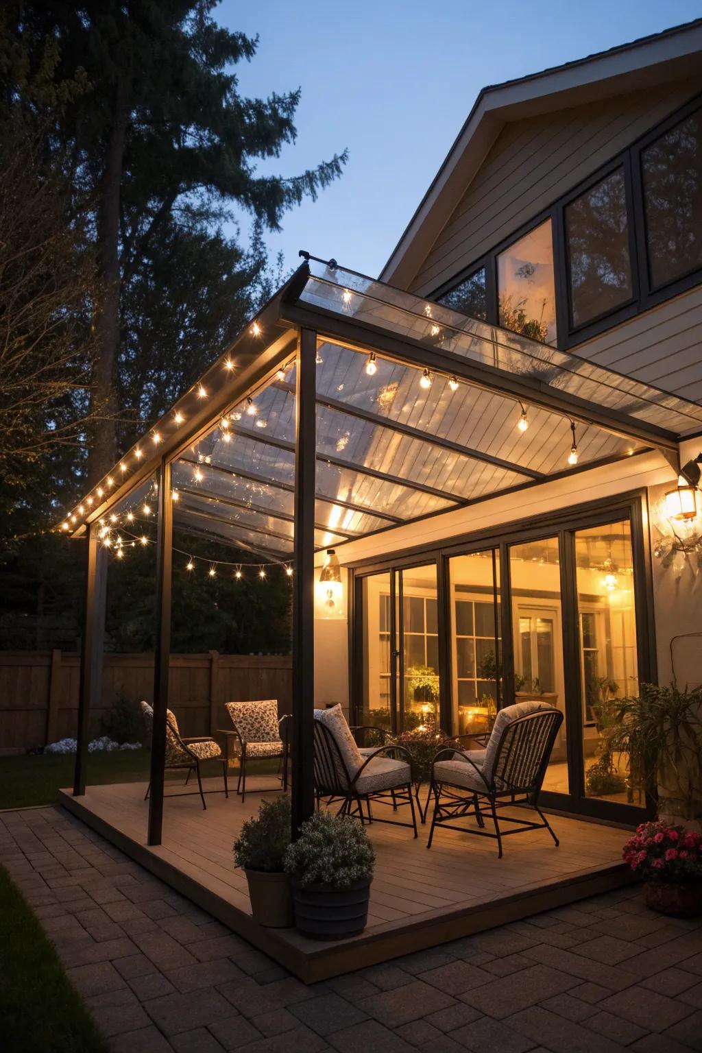 A glass patio cover illuminated with elegant lighting.
