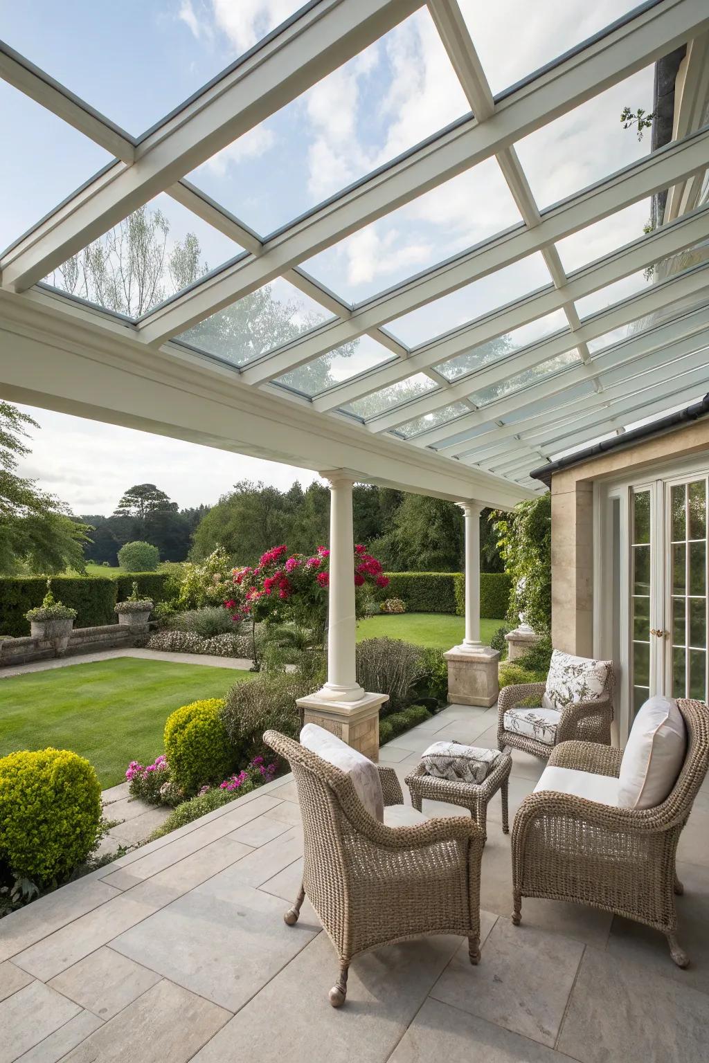 A classic glass roof patio with timeless elegance and ample sunlight.