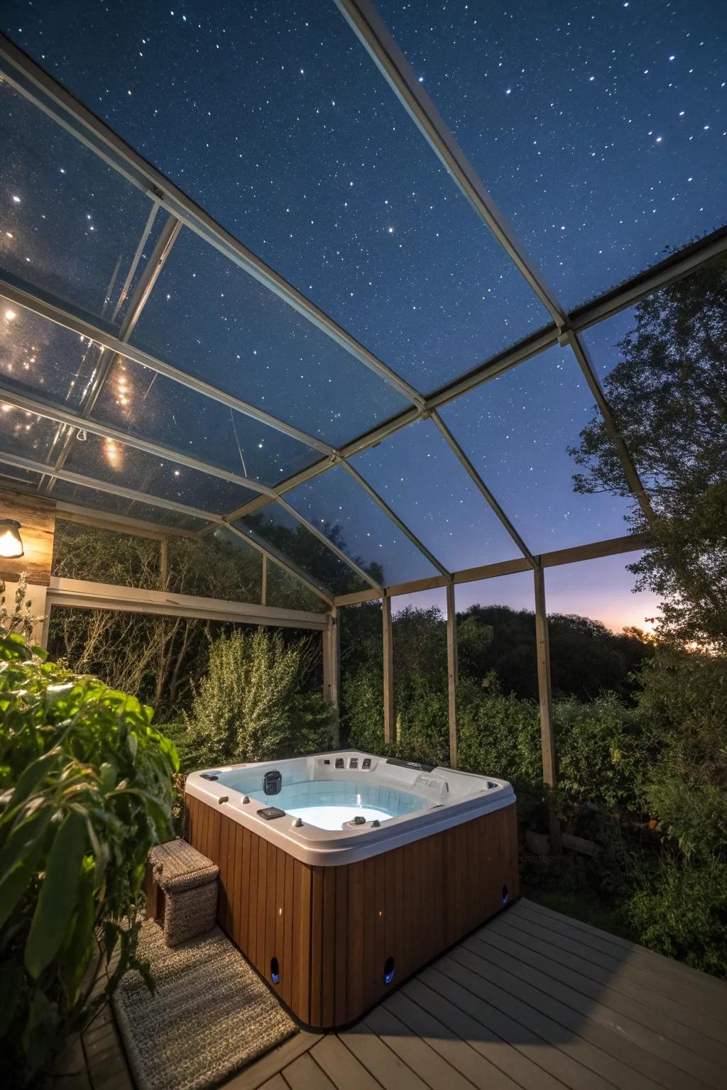 A glass-covered hot tub area perfect for stargazing.