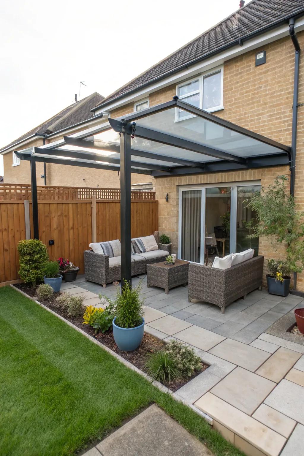 A cozy glass patio cover for a small backyard.