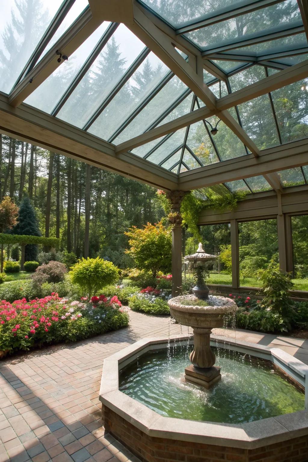 A tranquil glass patio cover with a serene water feature.