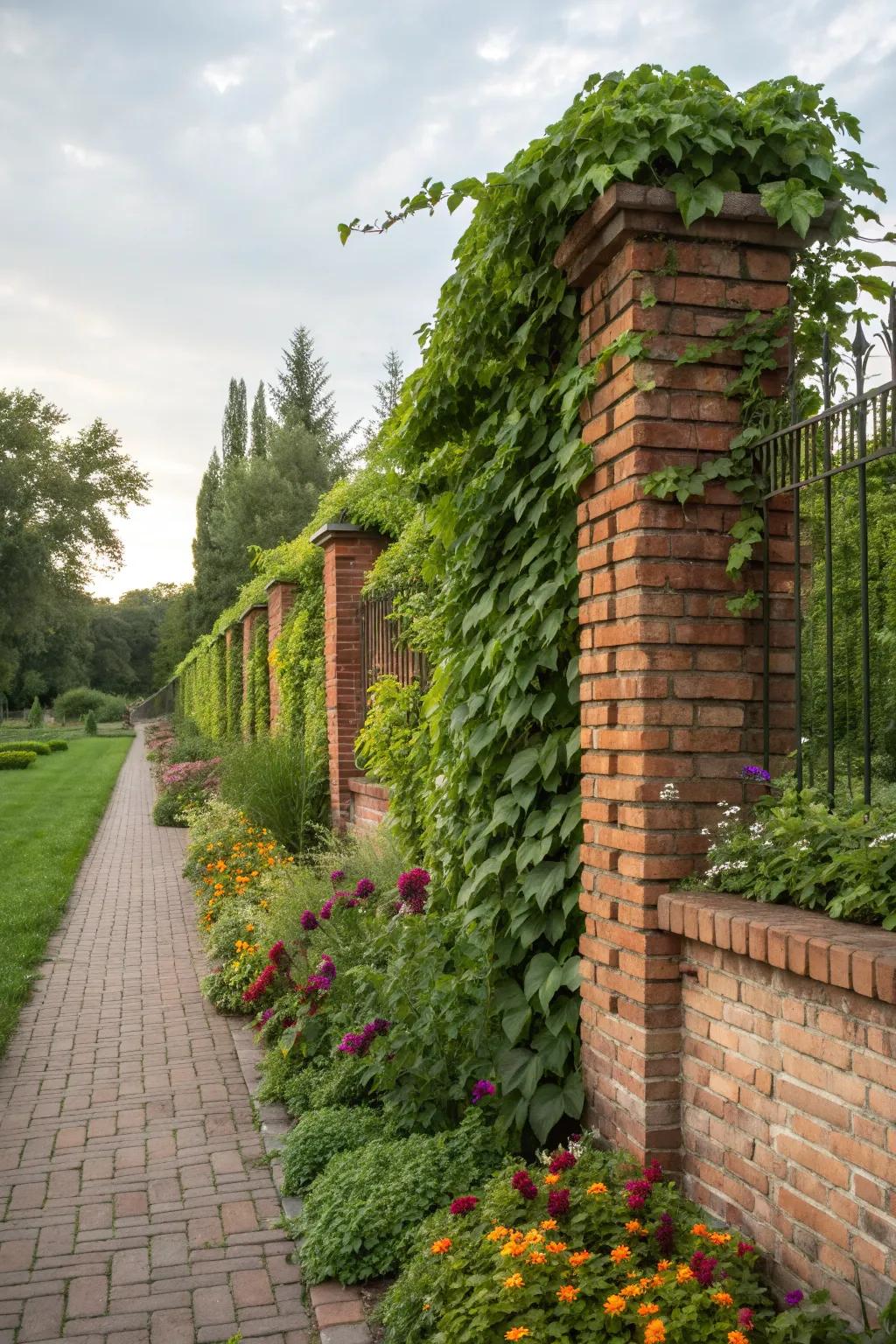 Nature's touch: vines cascading over brick.