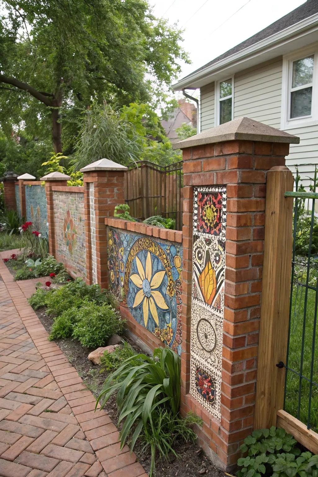 Artistic expression with mosaic-enhanced brick fences.