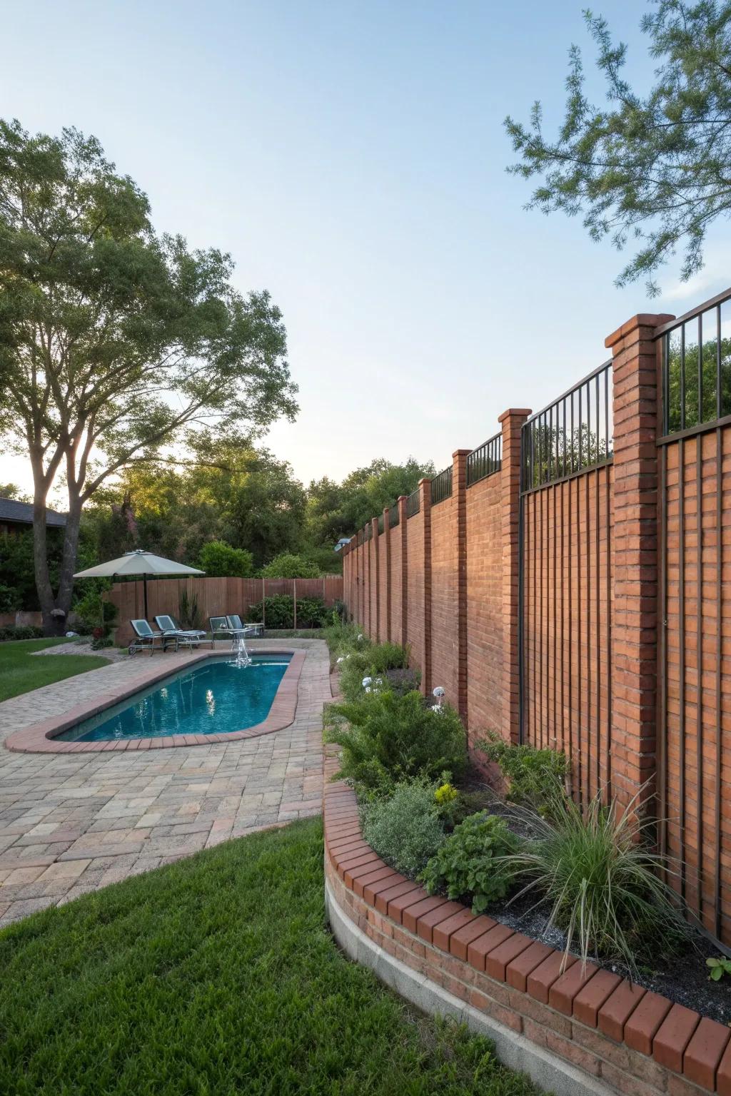 Stately privacy with tall brick fences.