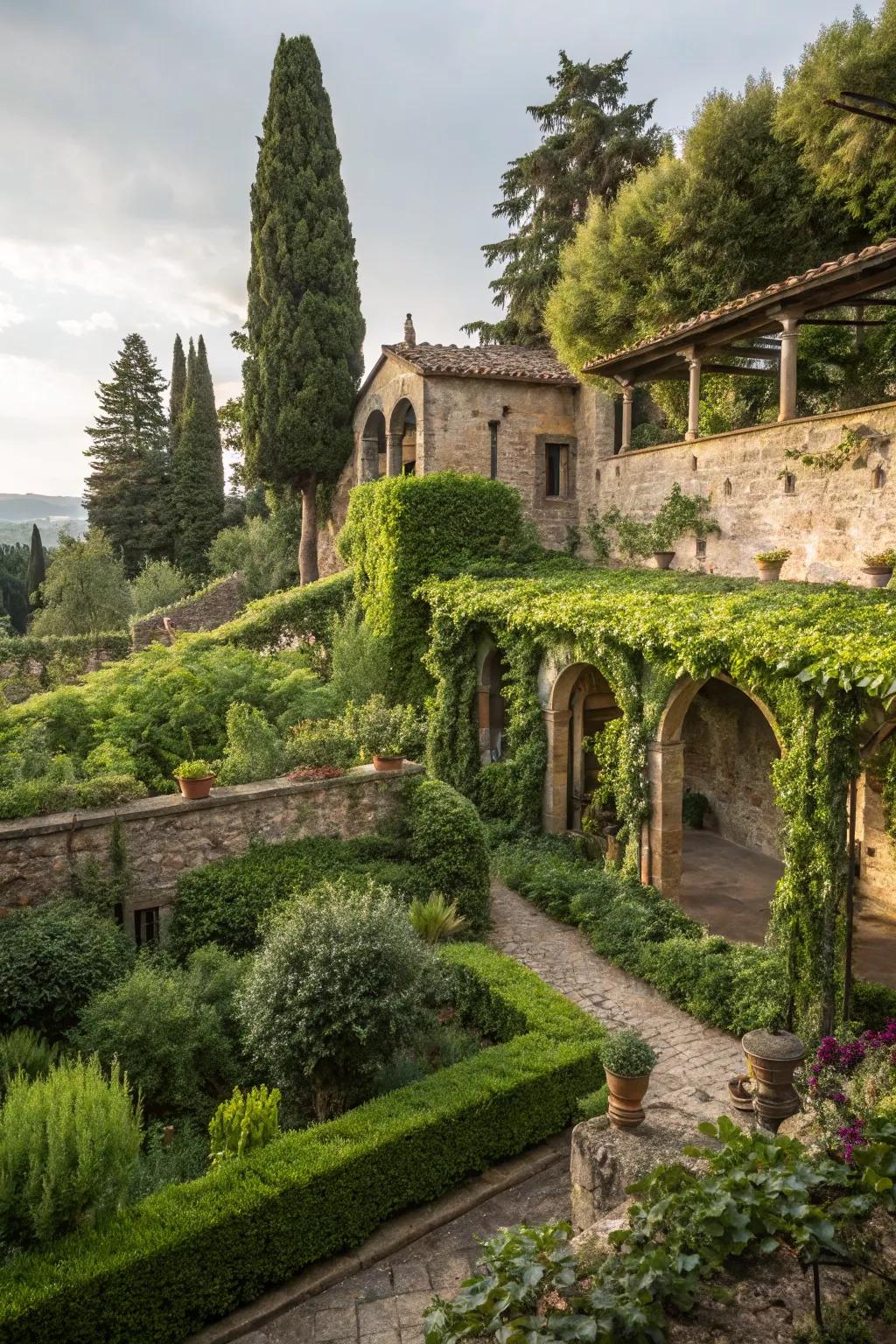 Vines and greenery create a lush, verdant garden.