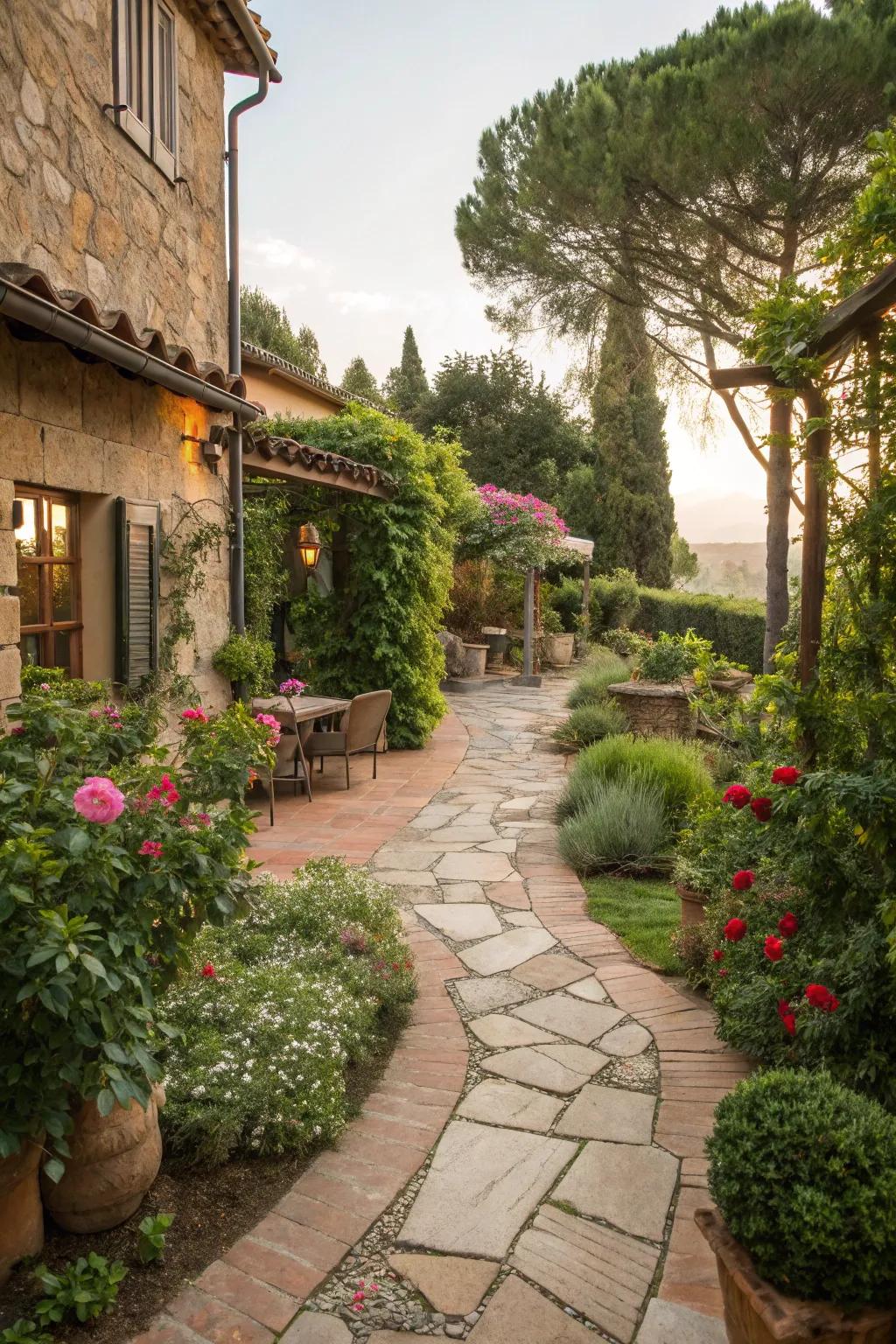 Warm-toned paving stones bring coziness to garden paths.