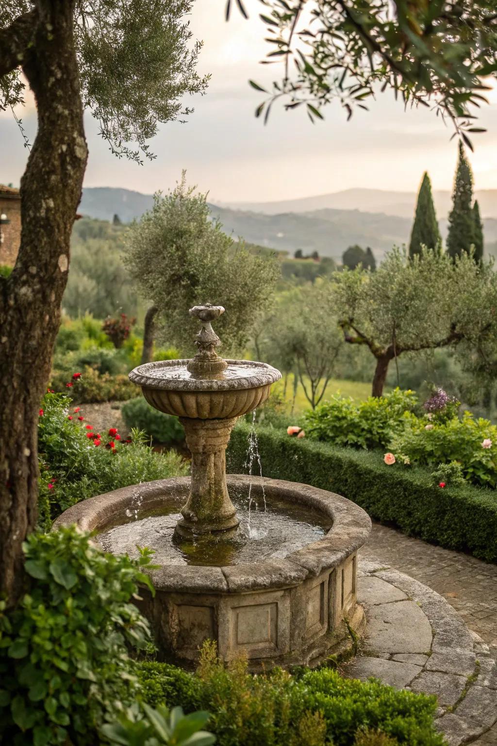 A tranquil water feature enhances the garden's serenity.
