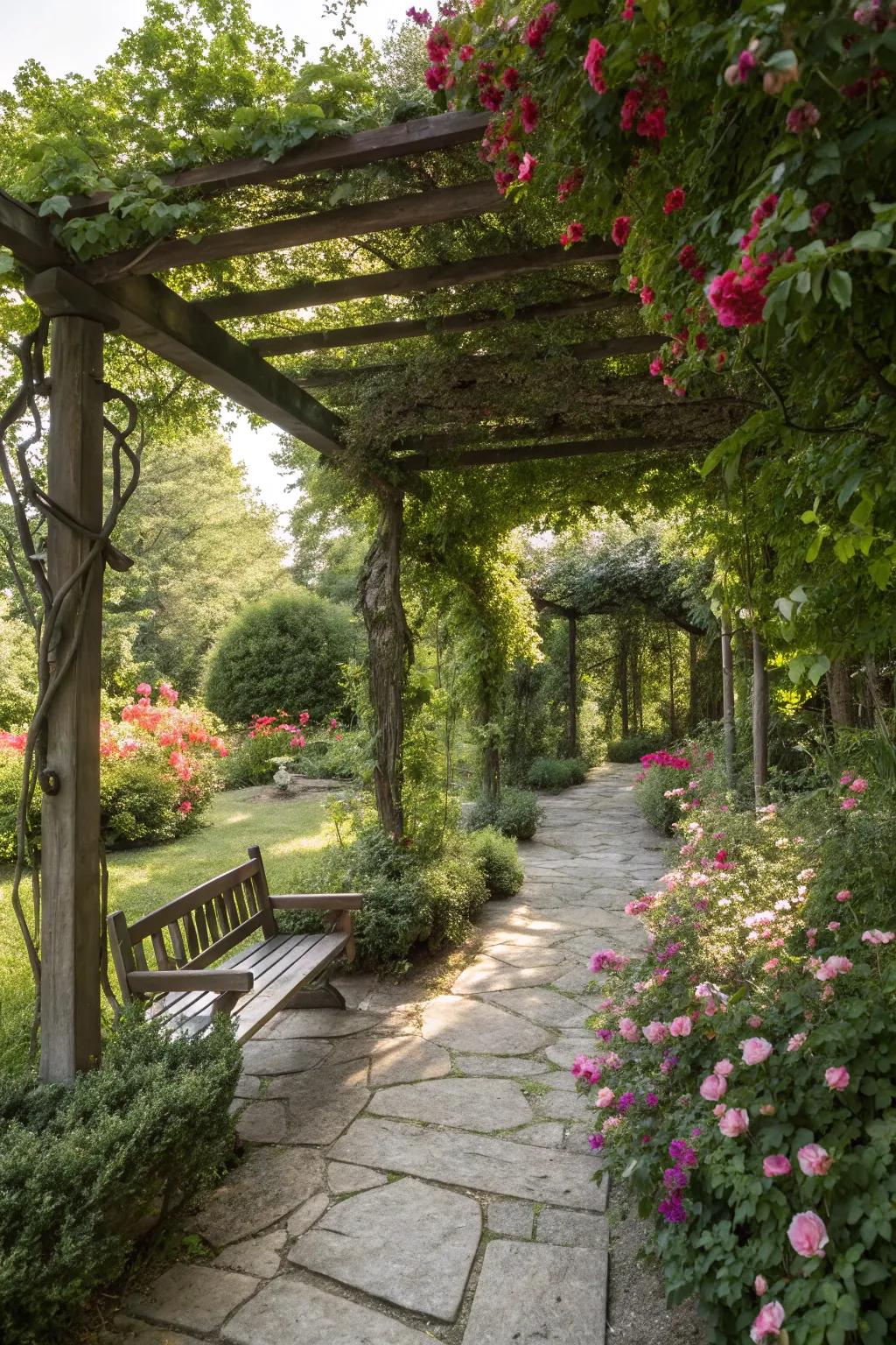 A shady arbor offers a serene spot for relaxation.