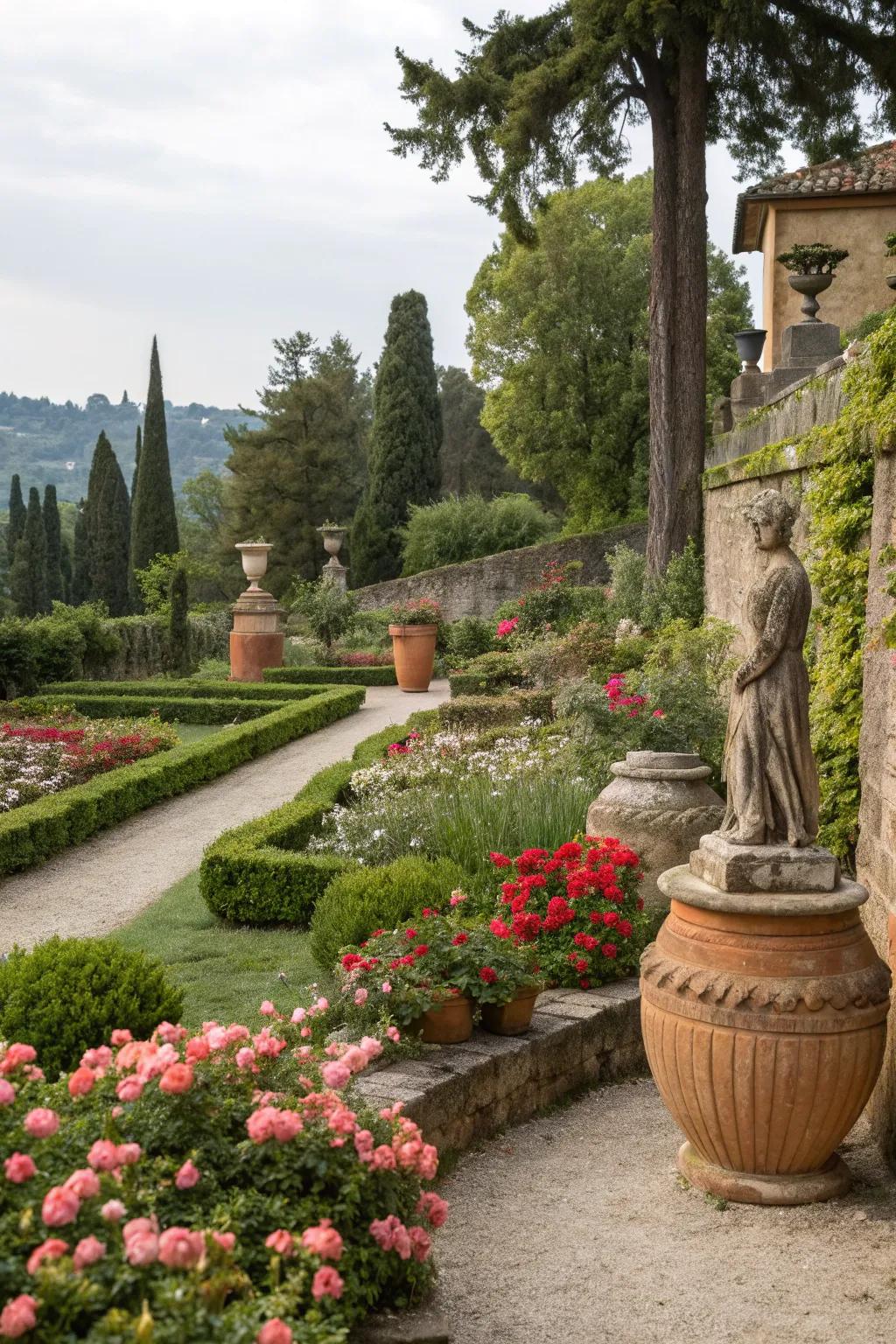 Artistic sculptures add classical charm to the garden.