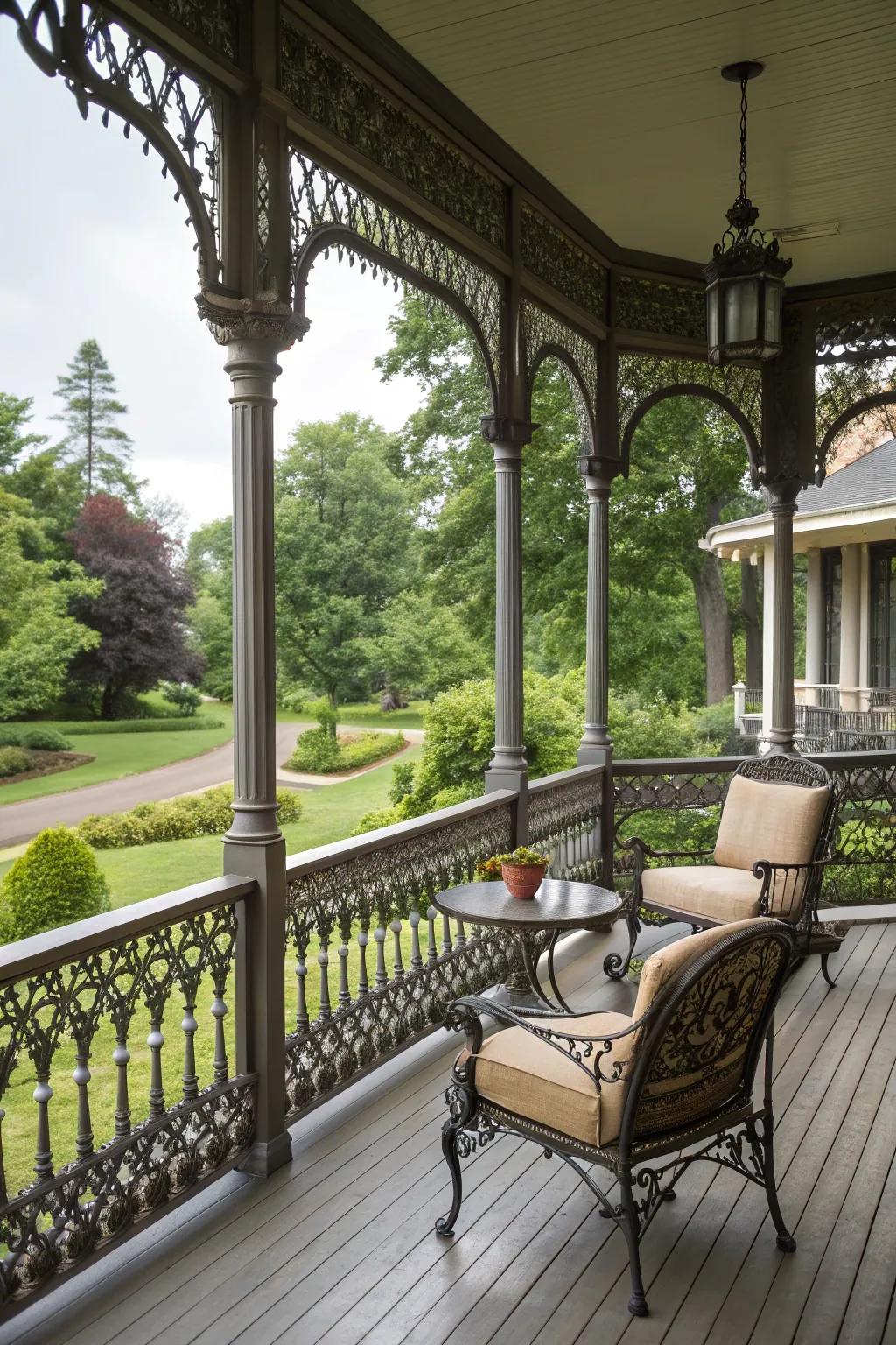 Decorative metalwork spindles add an artistic flair.