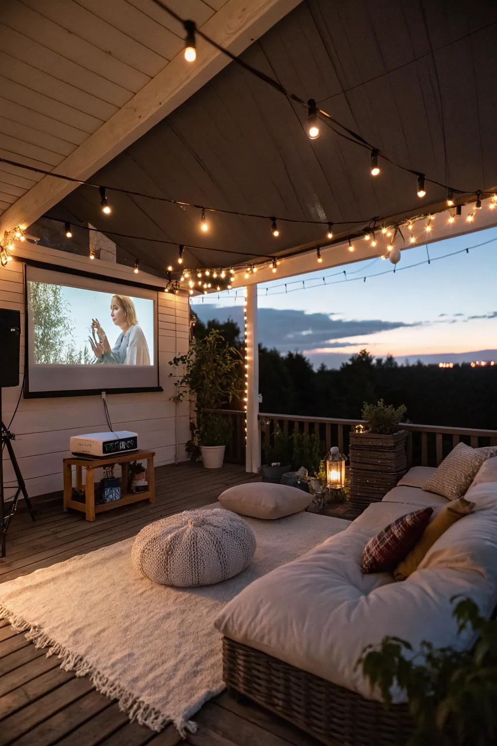 Enjoy movies under the stars with an outdoor cinema porch