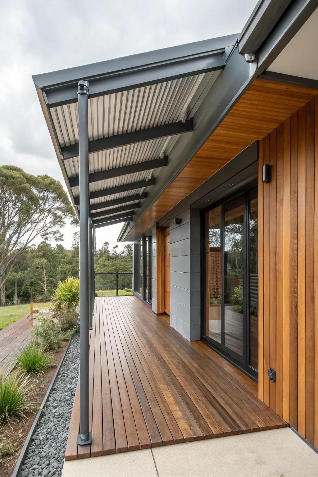 Bold and stylish, a modern industrial shed roof porch design