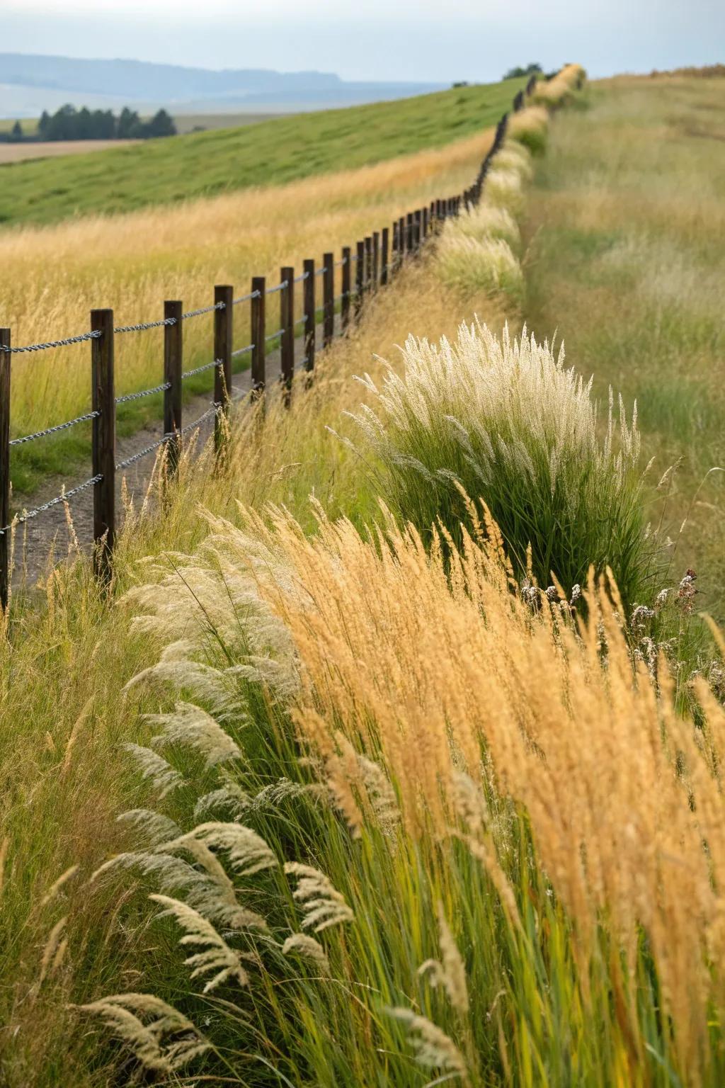 Add texture and movement with ornamental grasses along your fence.