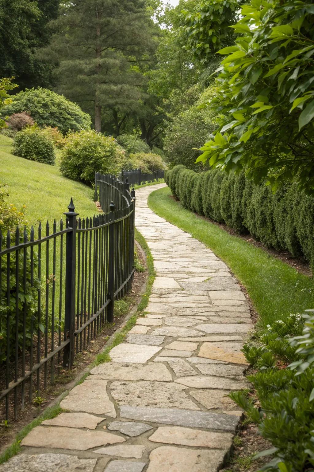 Guide visitors with elegant stone pathways along your fence.