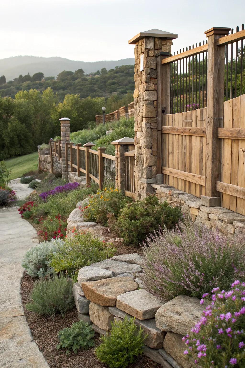 Achieve a sophisticated look with a mix of materials along your fence.