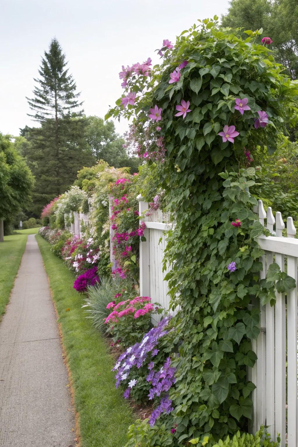 Transform your fence into a vertical garden with climbing plants.