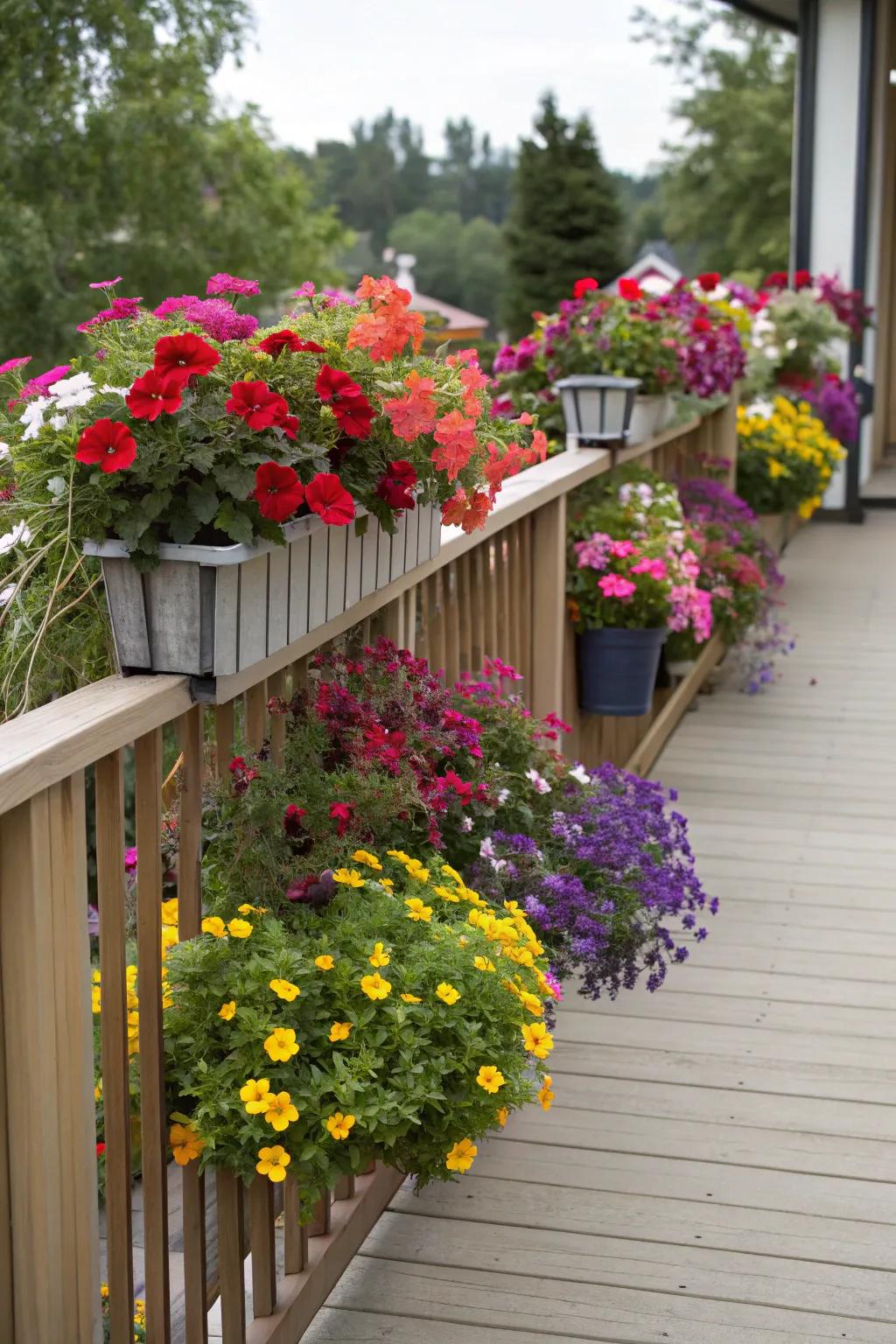 Rail planters add a burst of color to deck edges.
