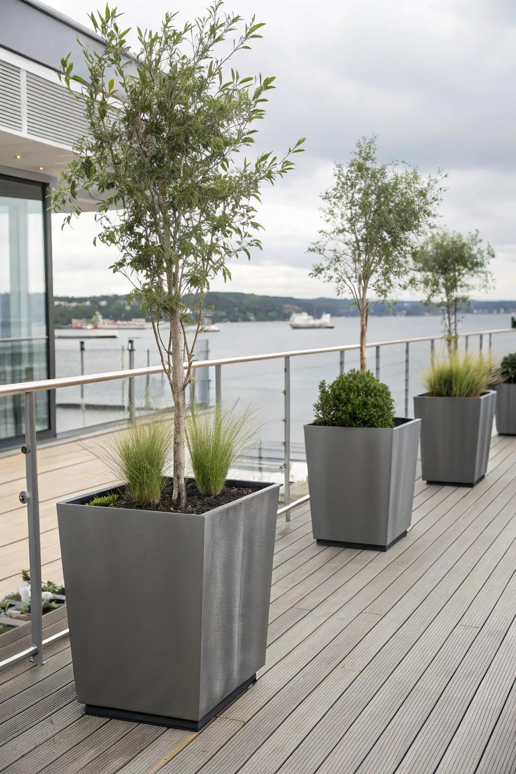 Metal planters bring a contemporary flair to any deck.