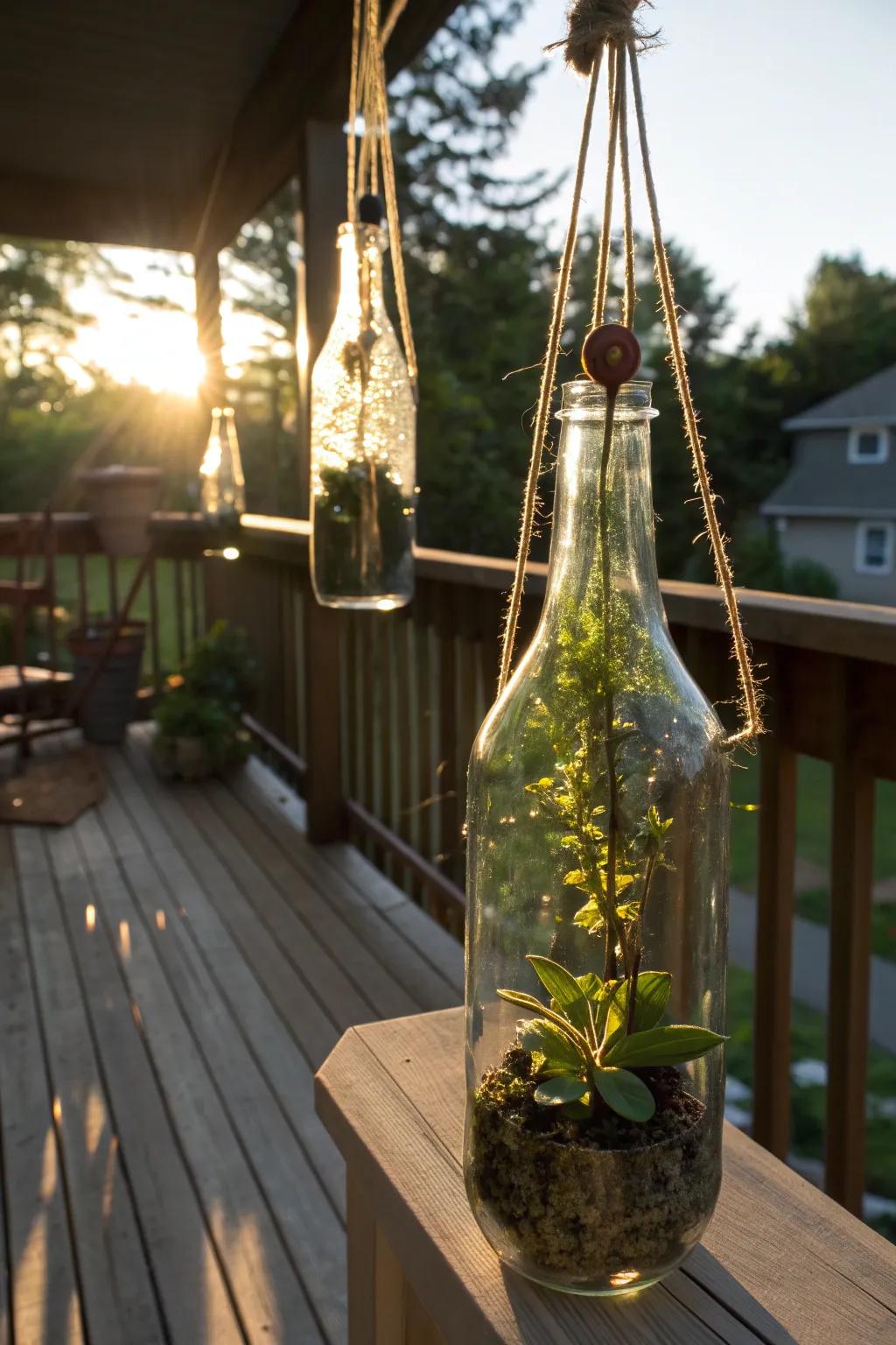 Glass bottle planters add a unique and sparkling touch.