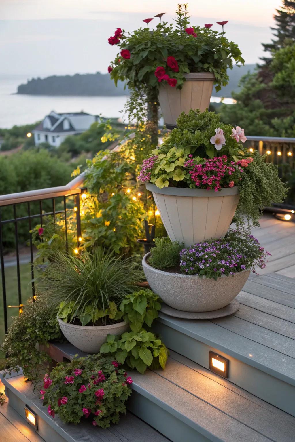 Multi-level planters add depth and dimension to your deck.