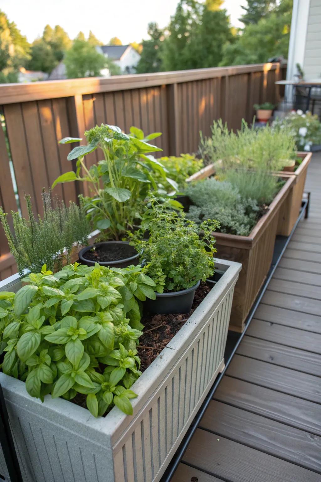 Herb garden planters bring fresh flavors to your deck.