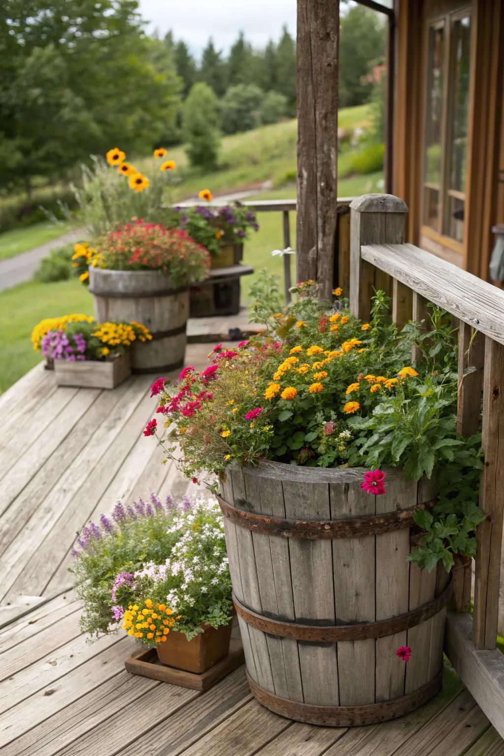 Rustic wooden planters add warmth and charm.