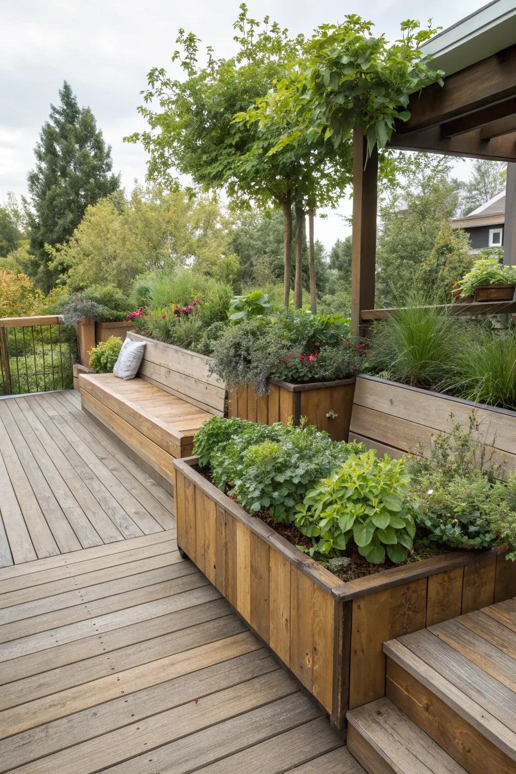 Integrated seating with planters offers comfort and greenery.