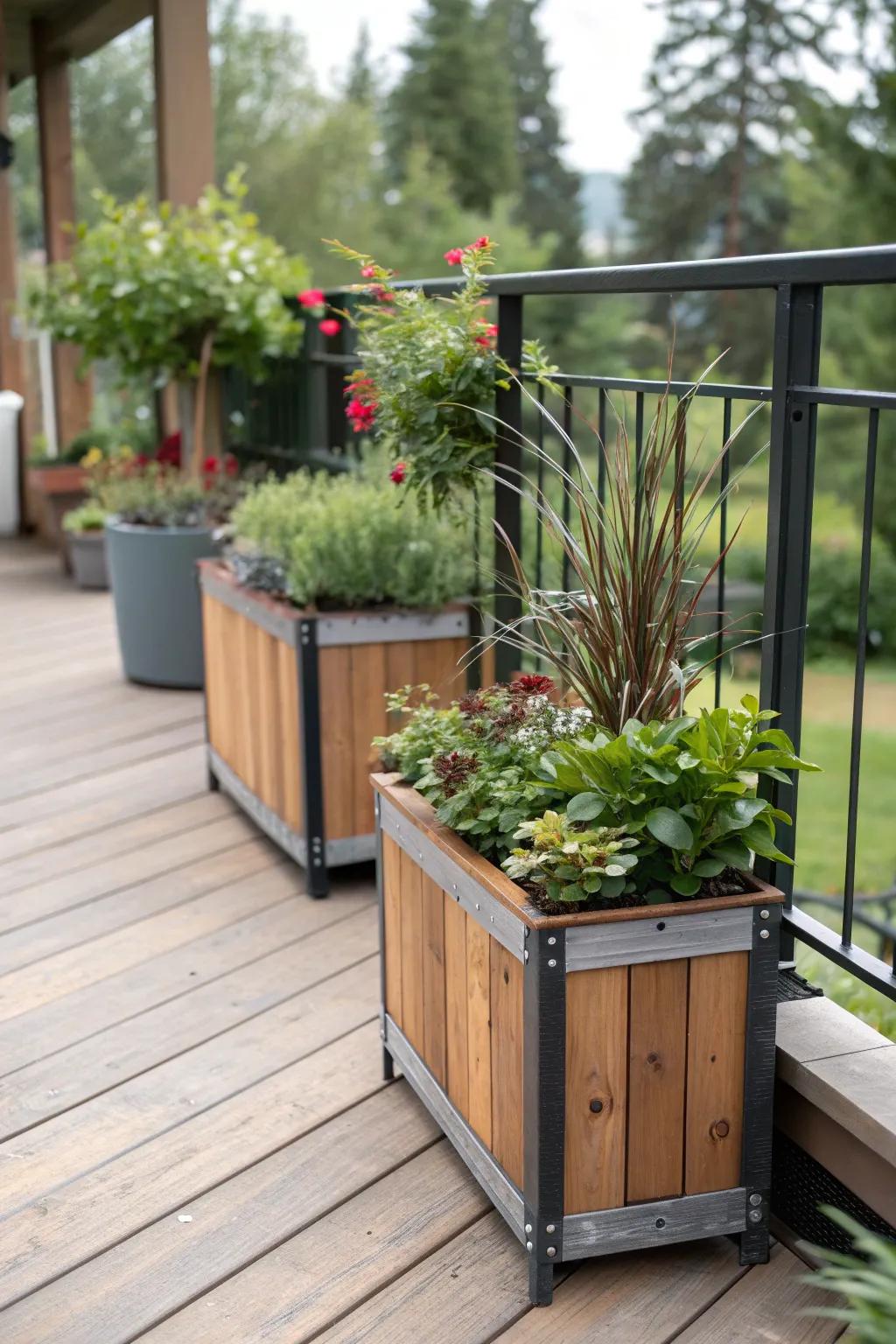 Mixed material planters offer texture and diversity.