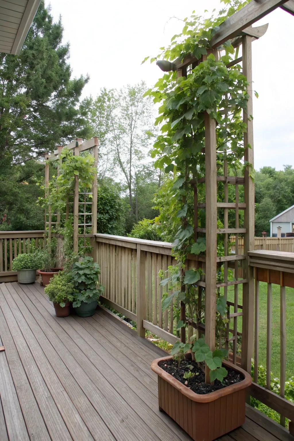 Trellis planters bring vertical charm to your deck.