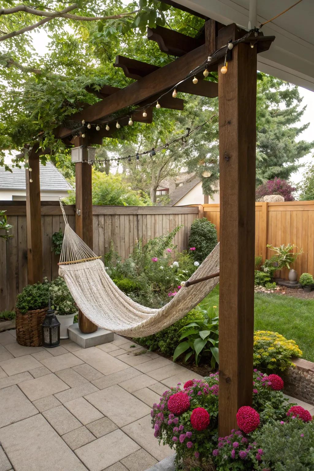 A hammock offers the perfect spot for relaxation on a patio.
