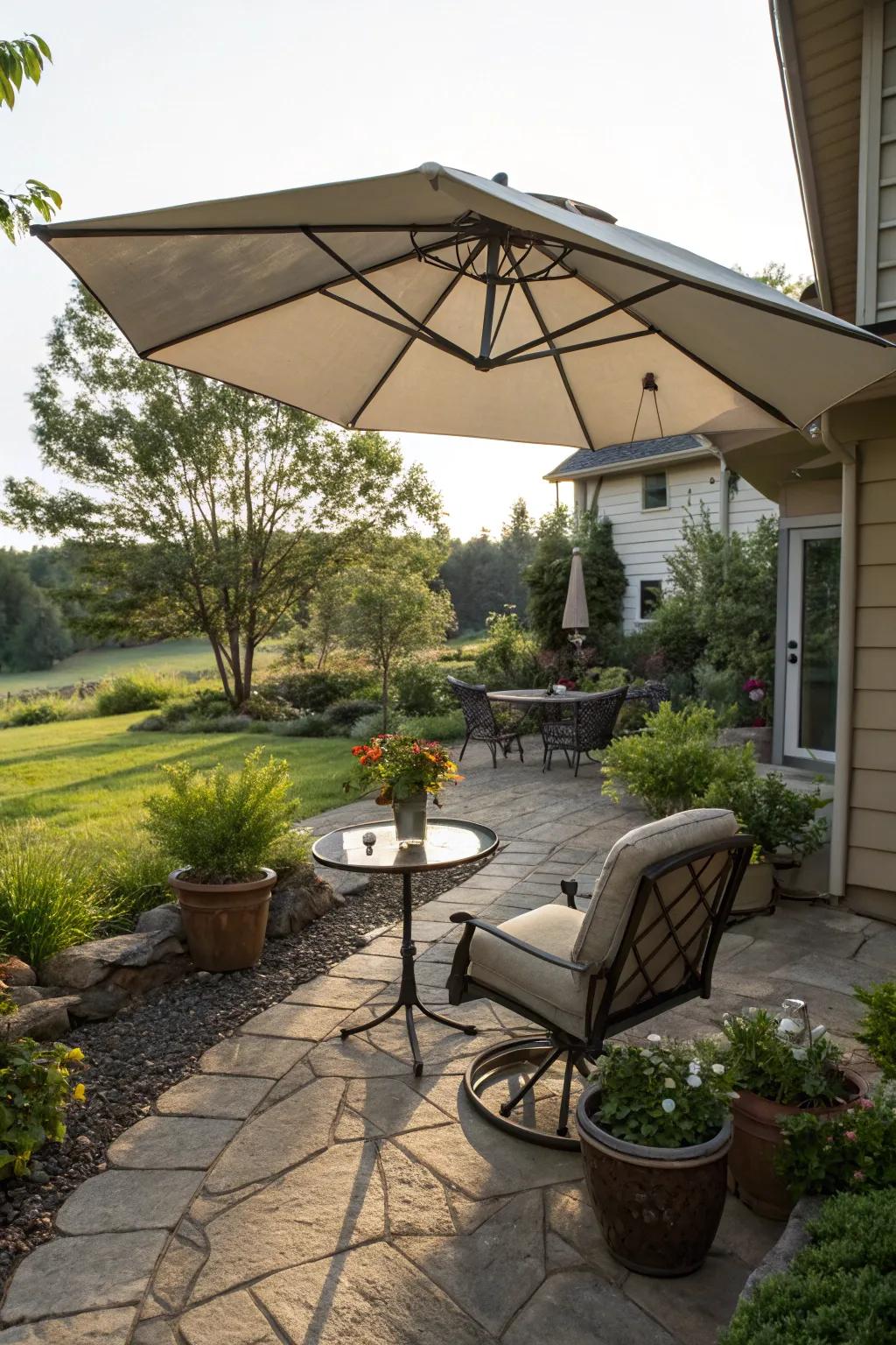 Shade solutions like umbrellas enhance comfort in sunny patios.