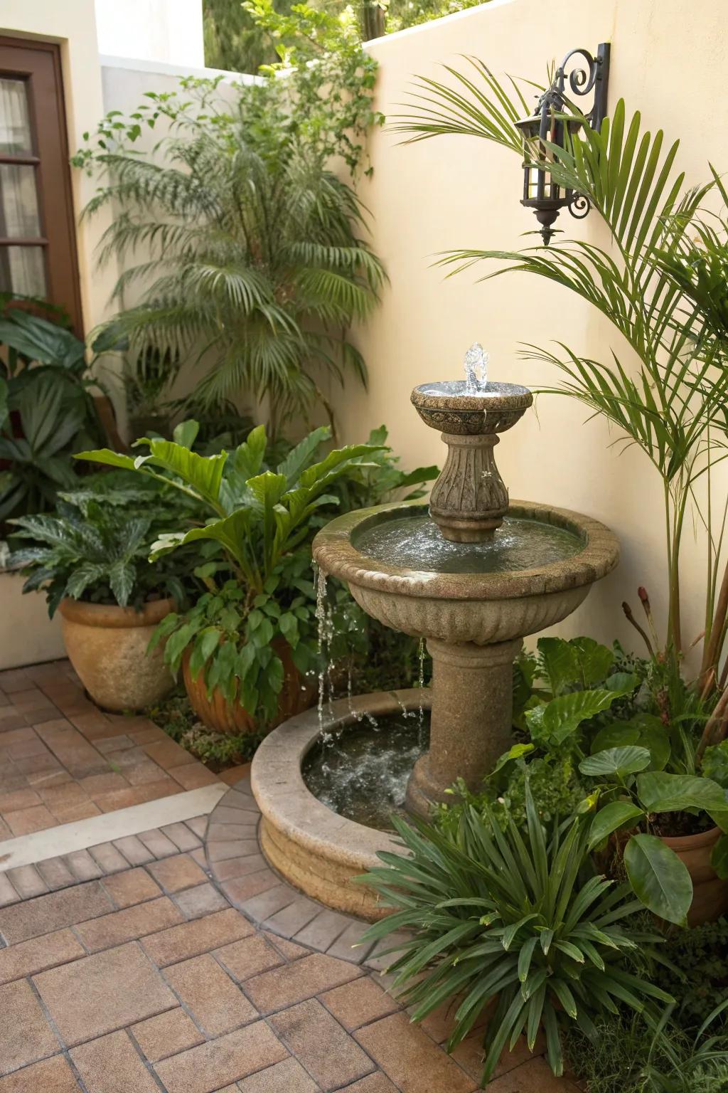 A water feature adds tranquility and charm to patio spaces.