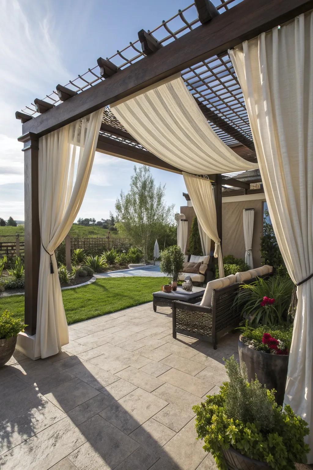 Outdoor curtains offer shade and a touch of elegance.