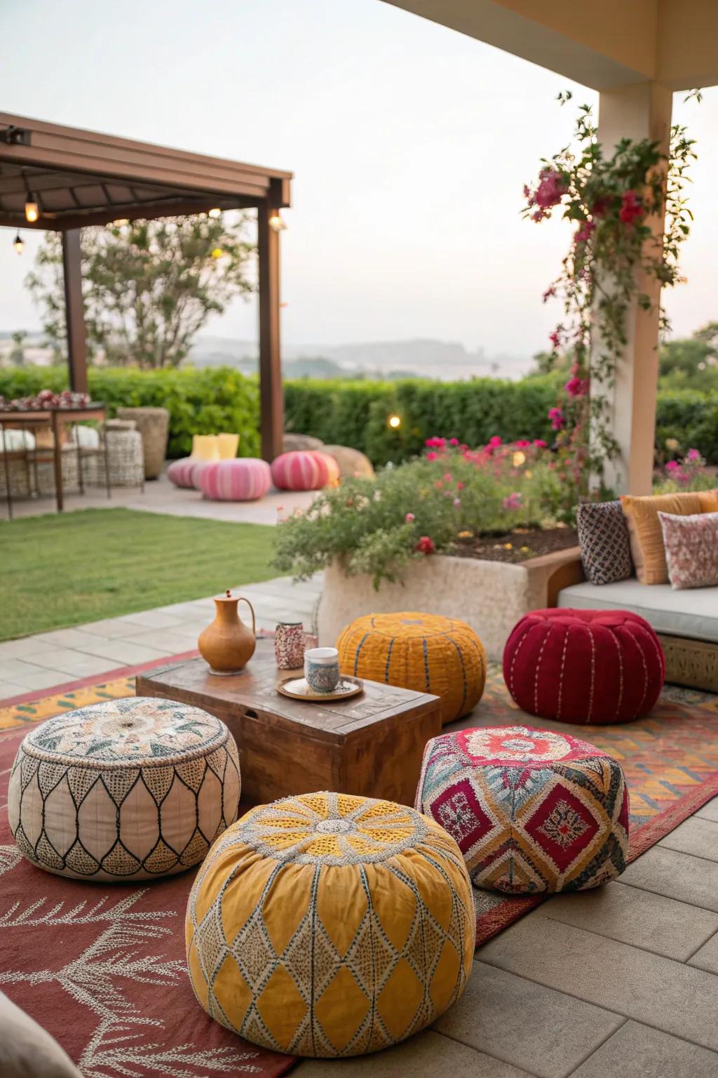 Poufs and ottomans bring casual comfort to outdoor spaces.