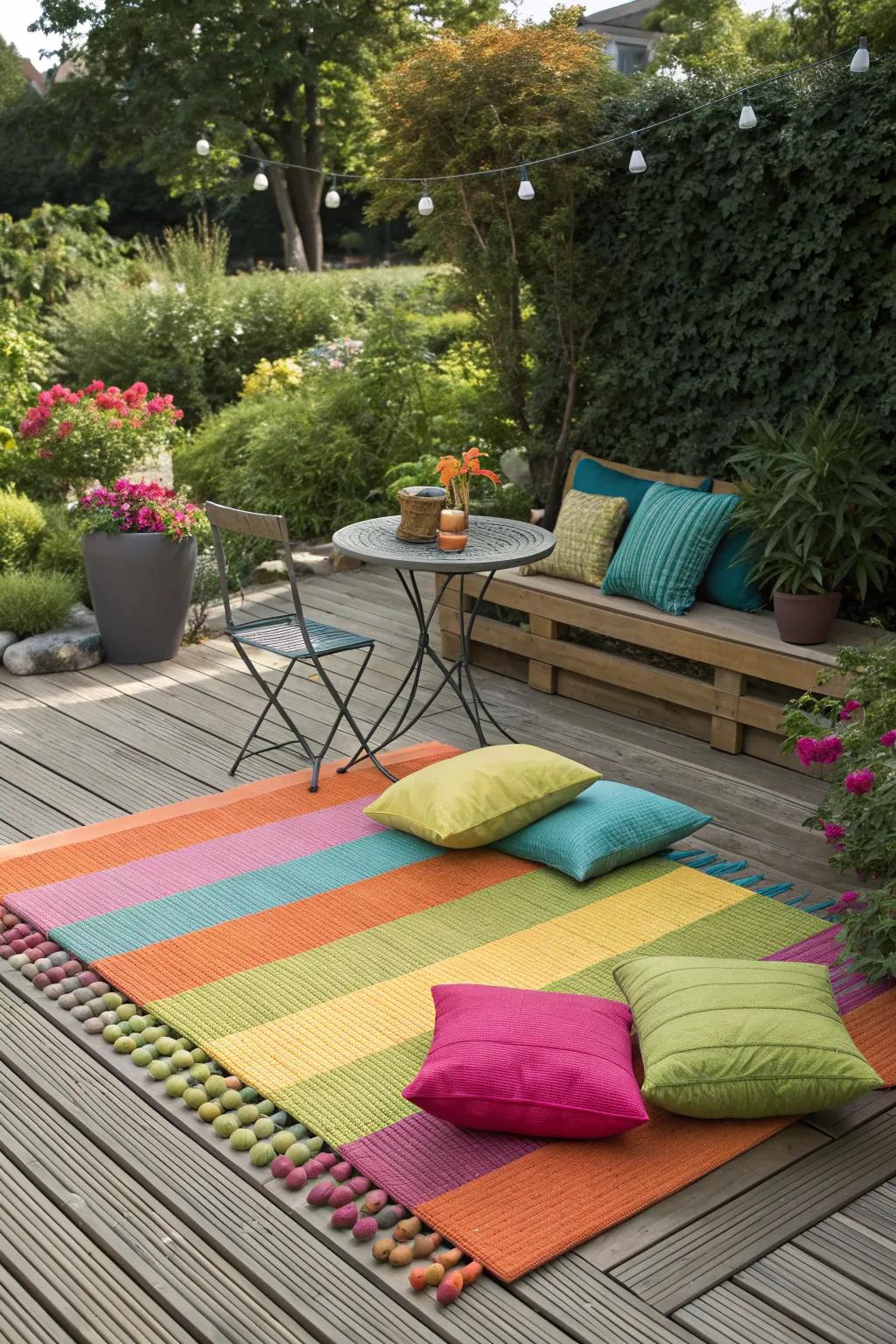 Vibrant textiles add warmth and color to your outdoor space.