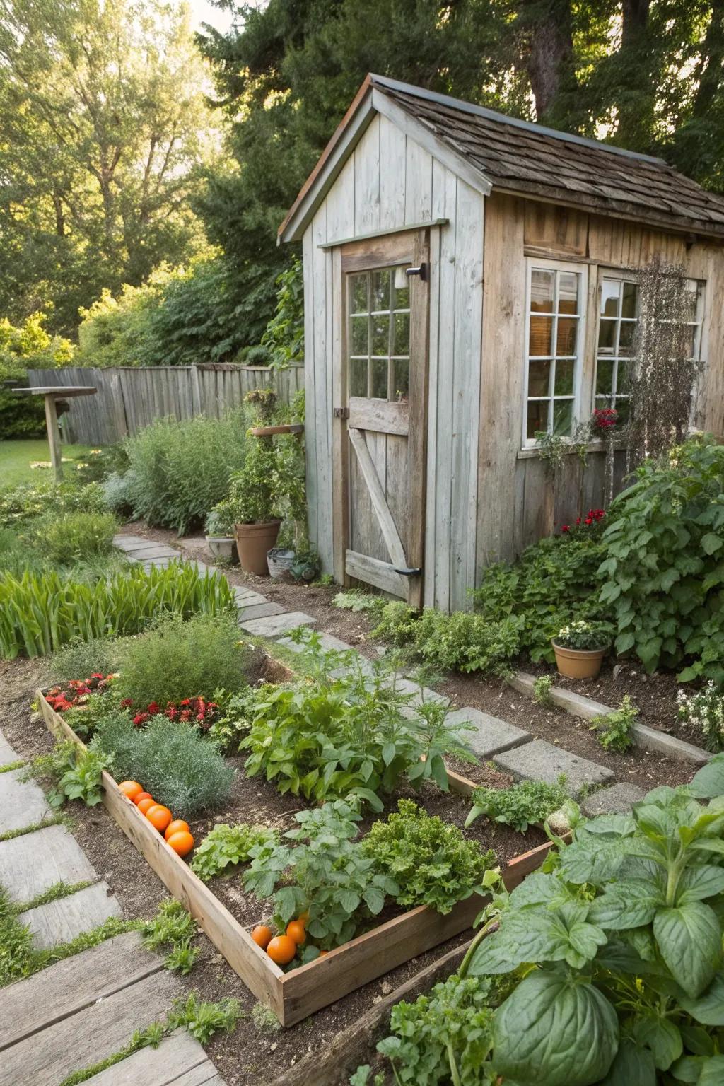 Edible gardens add both beauty and utility to the shed area.