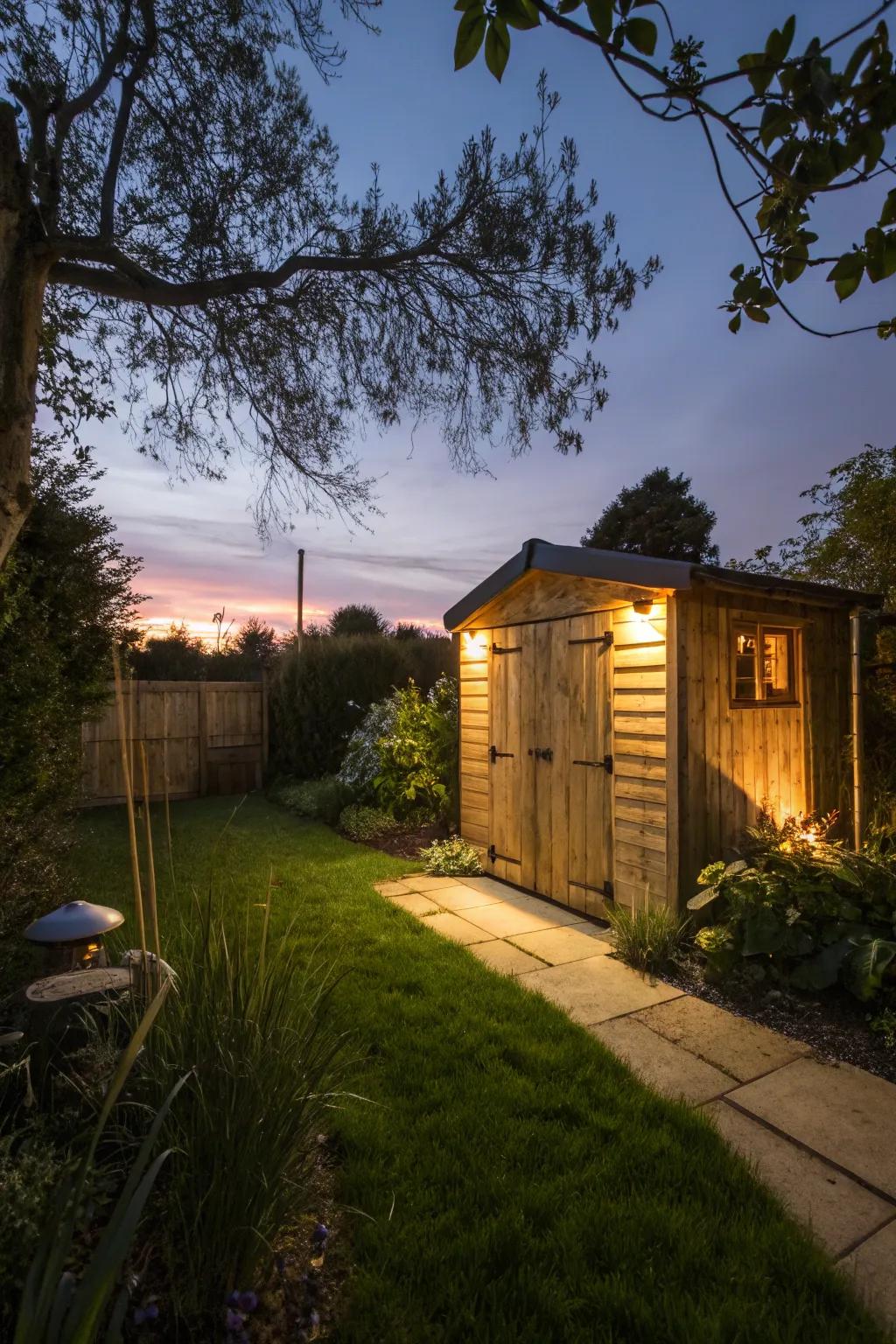 Outdoor lighting creates a magical atmosphere around the shed.