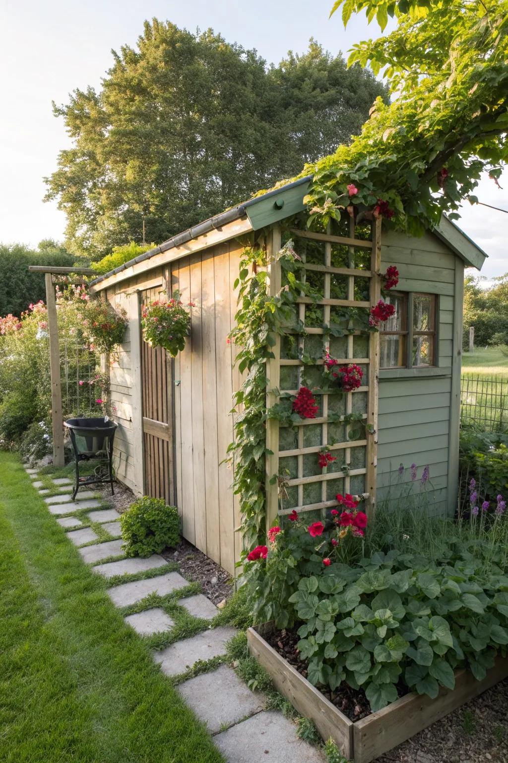 Vertical gardening adds lush greenery to the shed's walls.